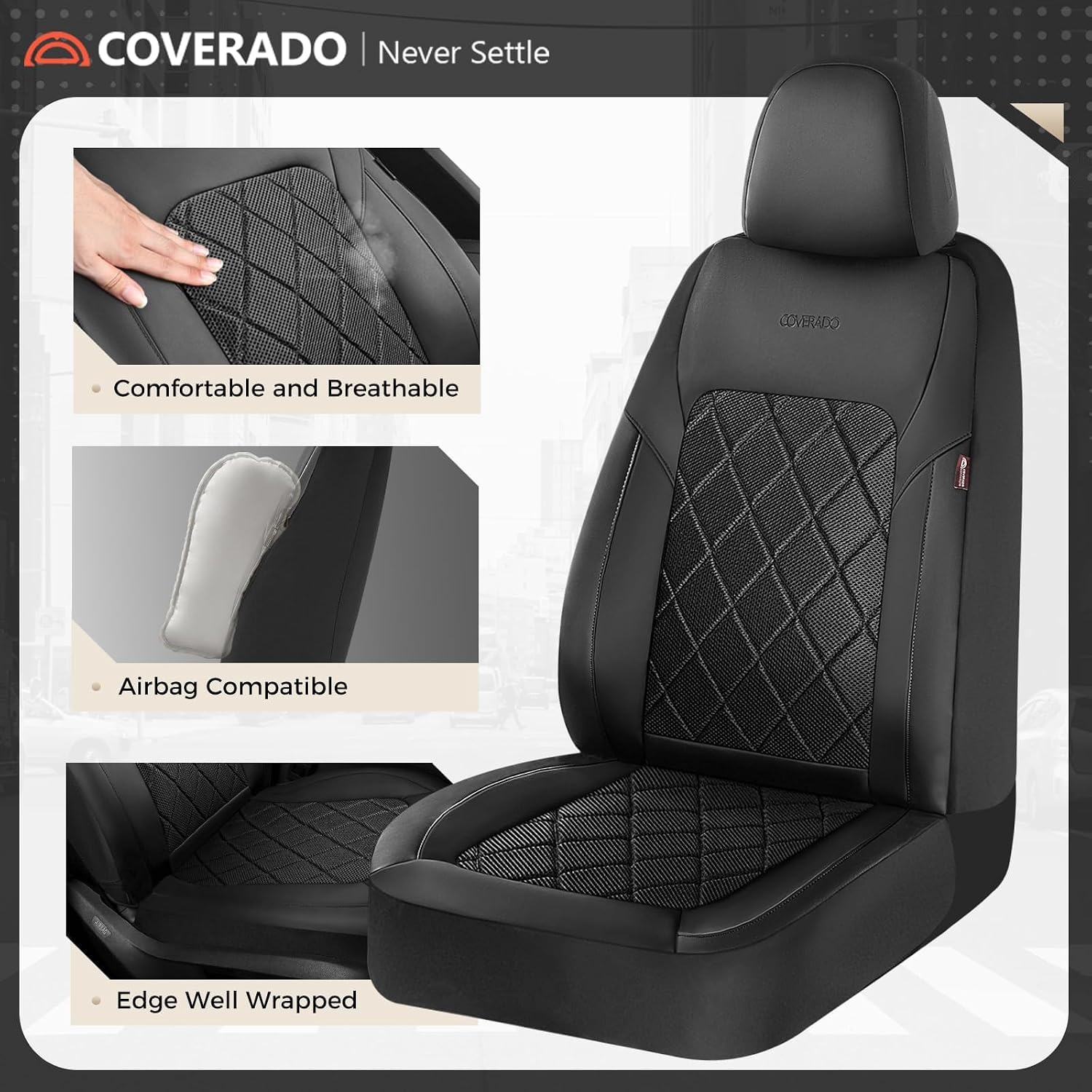 Thumbnail 1 de Coverado Mesh Breathable Front Car Seat Covers (2-Pack) — Universal Fit, Waterproof PU Leather Protection