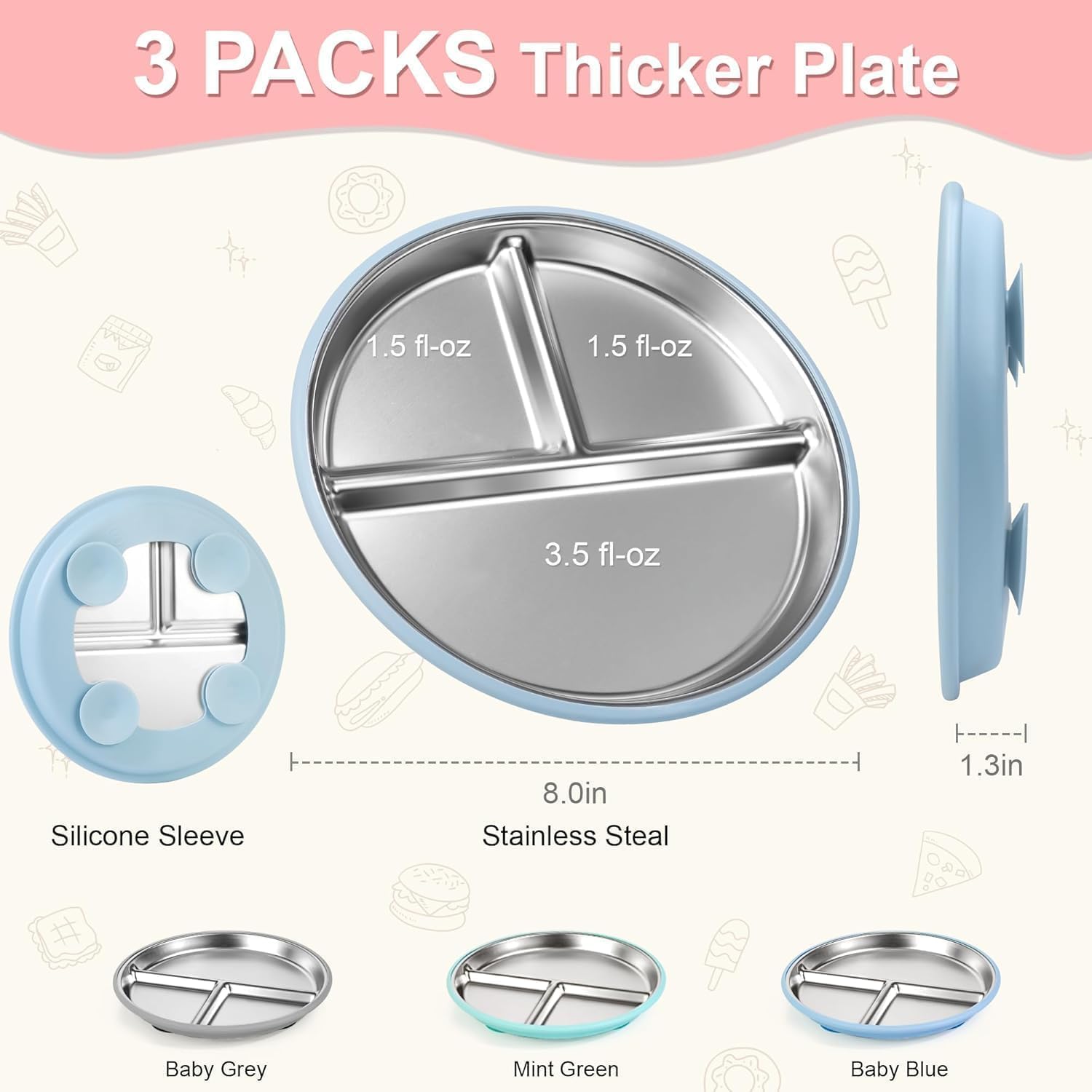 Detalle de Bella's Friends Life 8-Inch Stainless Steel Toddler Plate with Silicone Suction Sleeve
