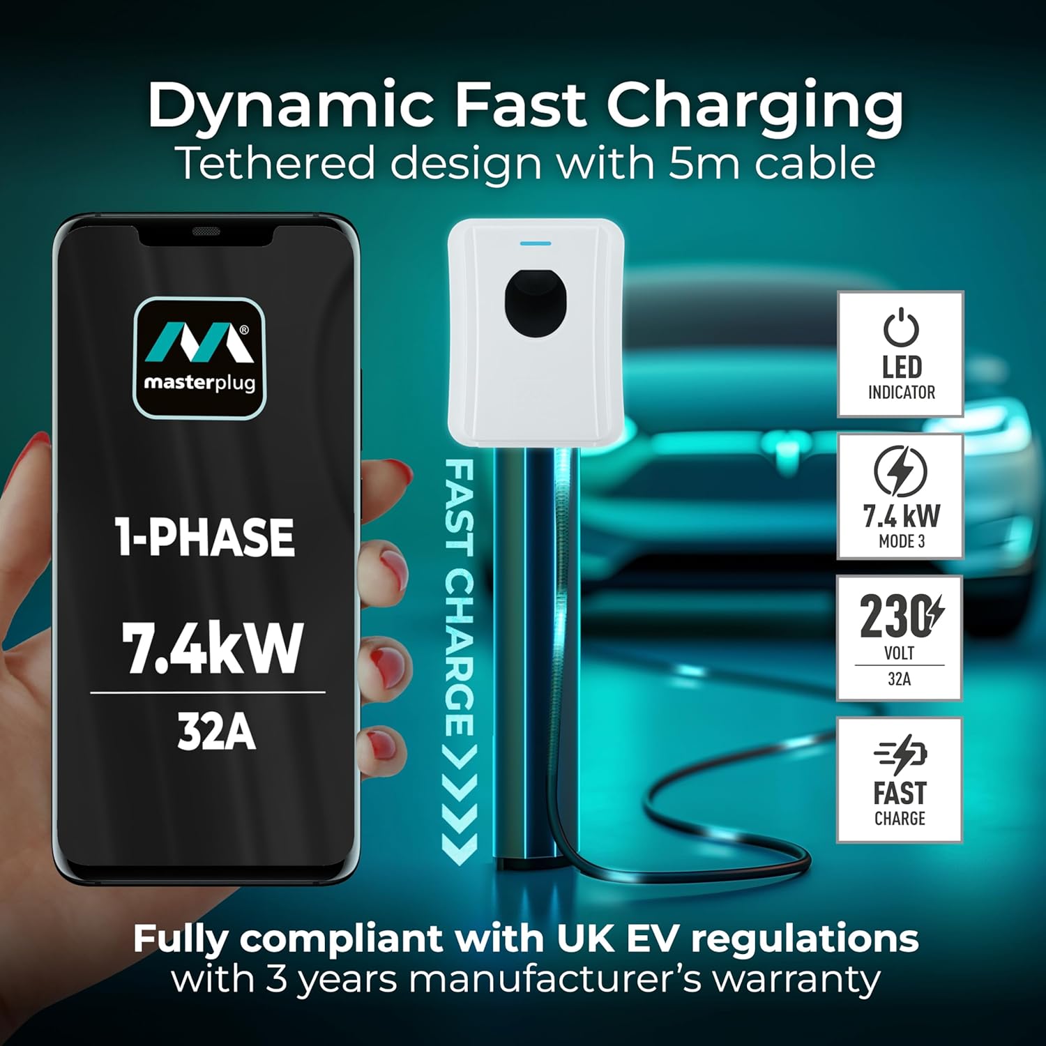 Thumbnail 1 de Masterplug Smart EV Home Wall Charger (Type 2) with 5m Tethered Cable, 7.4kW, IP65, App Control