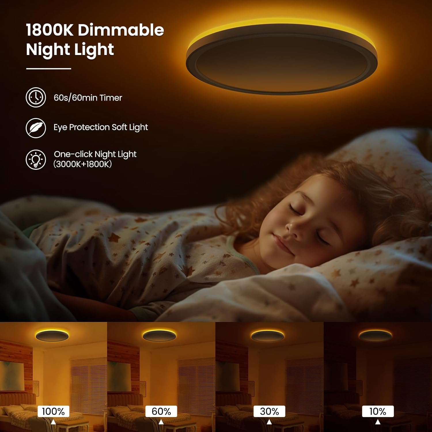 Thumbnail 2 de Tyreses LED Deckenleuchte dimmbar 24W (2800 lm) mit Fernbedienung, 1800K Nachtlicht – für Schlafzimmer & Kinderzimmer, Ø30 cm
