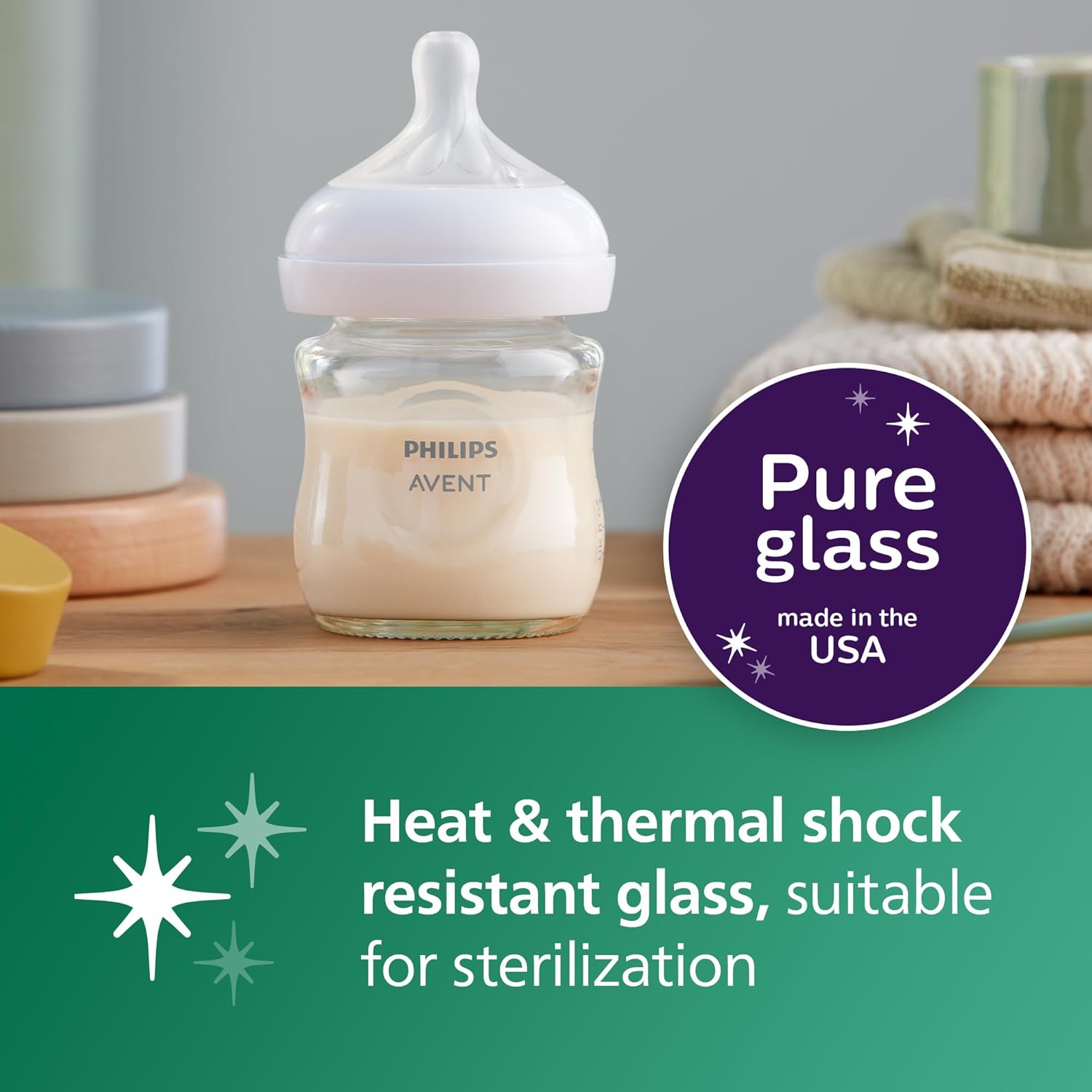 Thumbnail 2 de Philips Avent Natural Glass Baby Bottles with Natural Response Nipples (Slow Flow, Flow 2) 4oz, 4-Pack (SCY910/04)