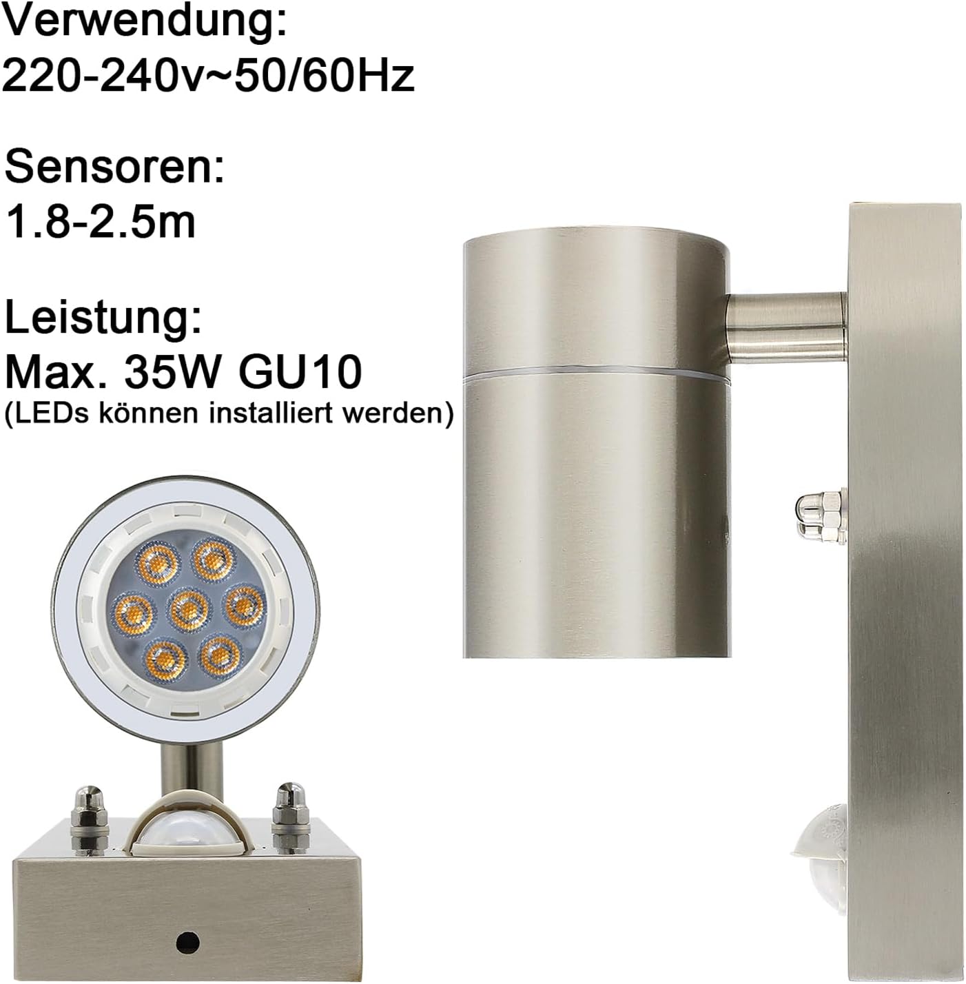 Detalle de HiBay 1x Motion Sensor Outdoor Wall Light (PIR) – IP44 stainless steel security lighting with GU10 LED