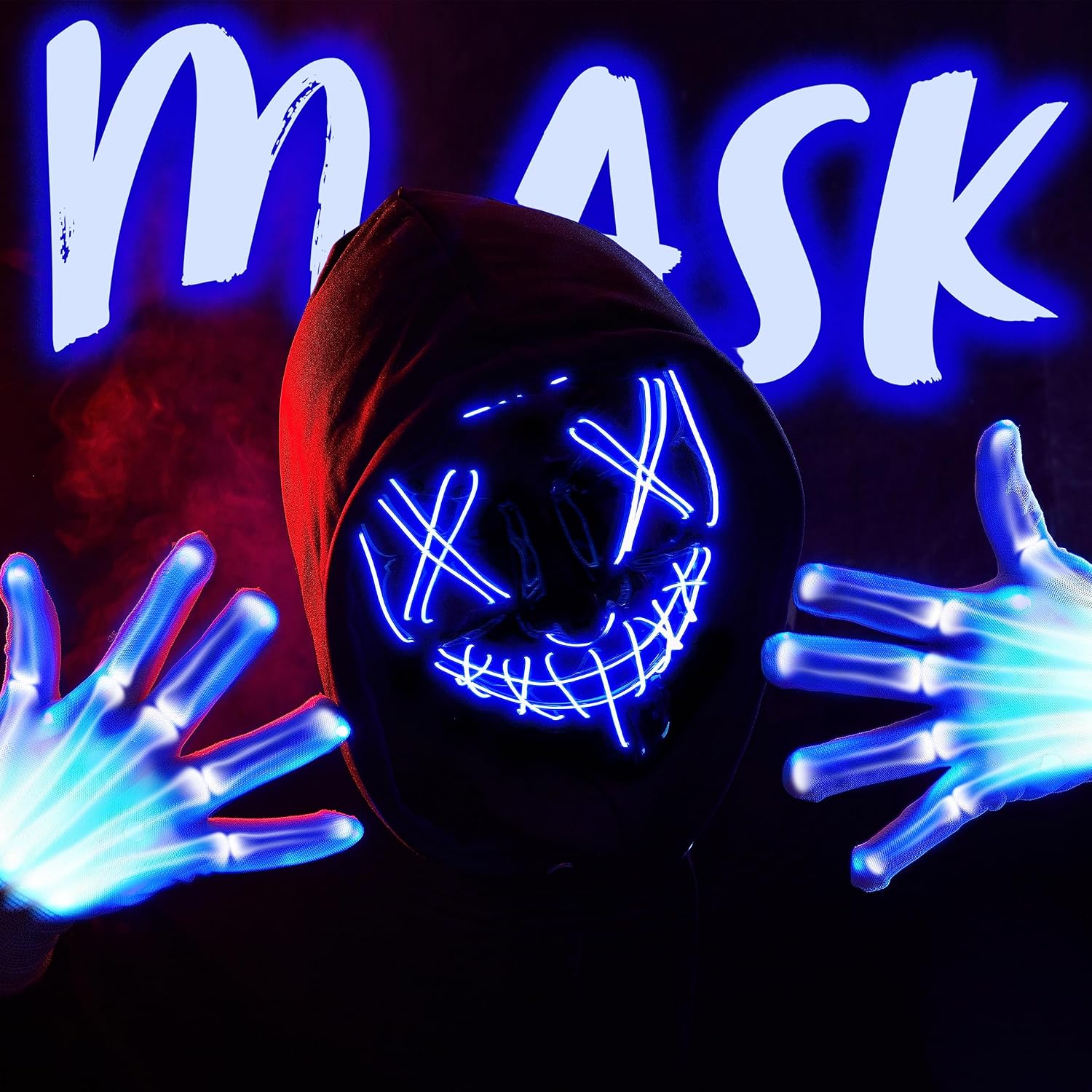 Thumbnail 1 de JOYIN Halloween LED Mask and Gloves, Blue, 3 Flashing Modes