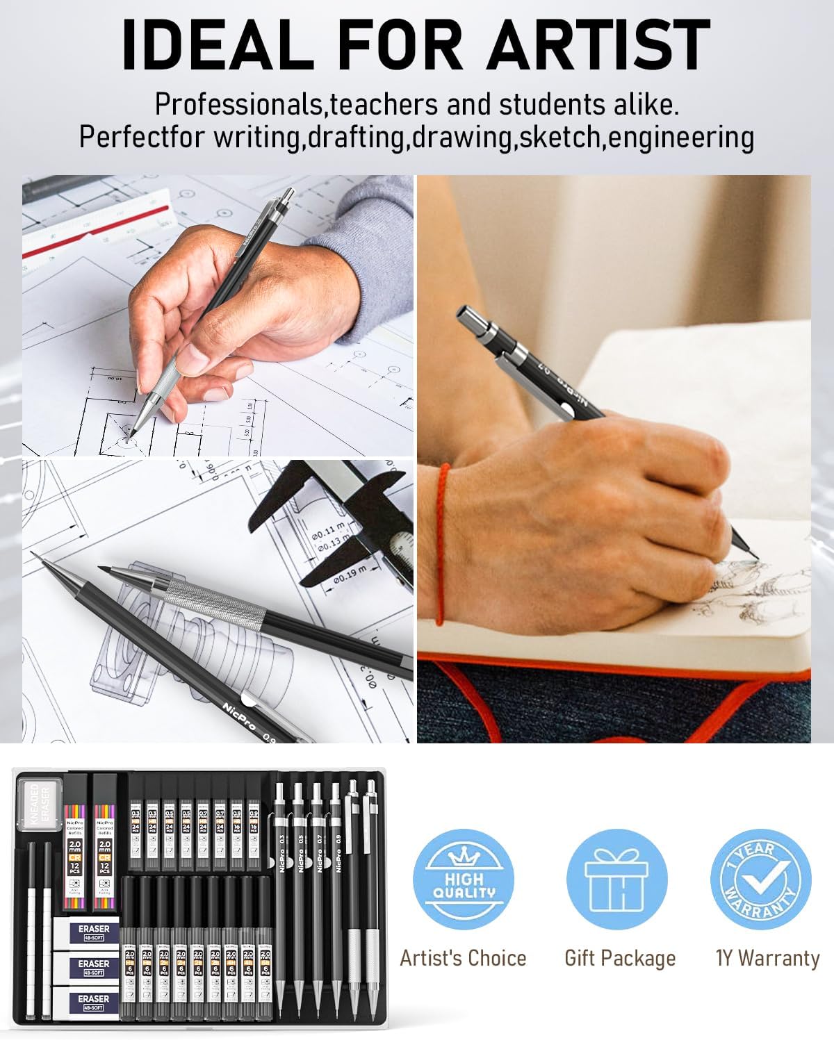 Detalle de Nicpro 34PCS Black Art Mechanical Pencils Set – Full Metal HB Pencils & 2mm Lead Holders for Sketching and Drafting