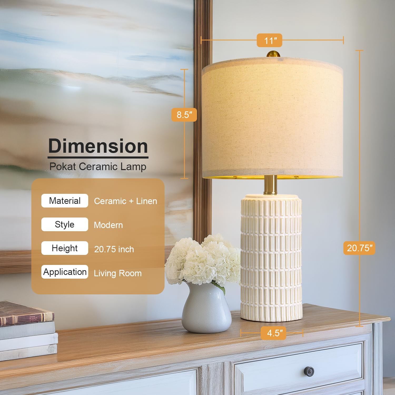Detalle de PoKat 20.75" Small Ceramic Table Lamps (Set of 2) for Bedroom, White Bedside Nightstand Lamps