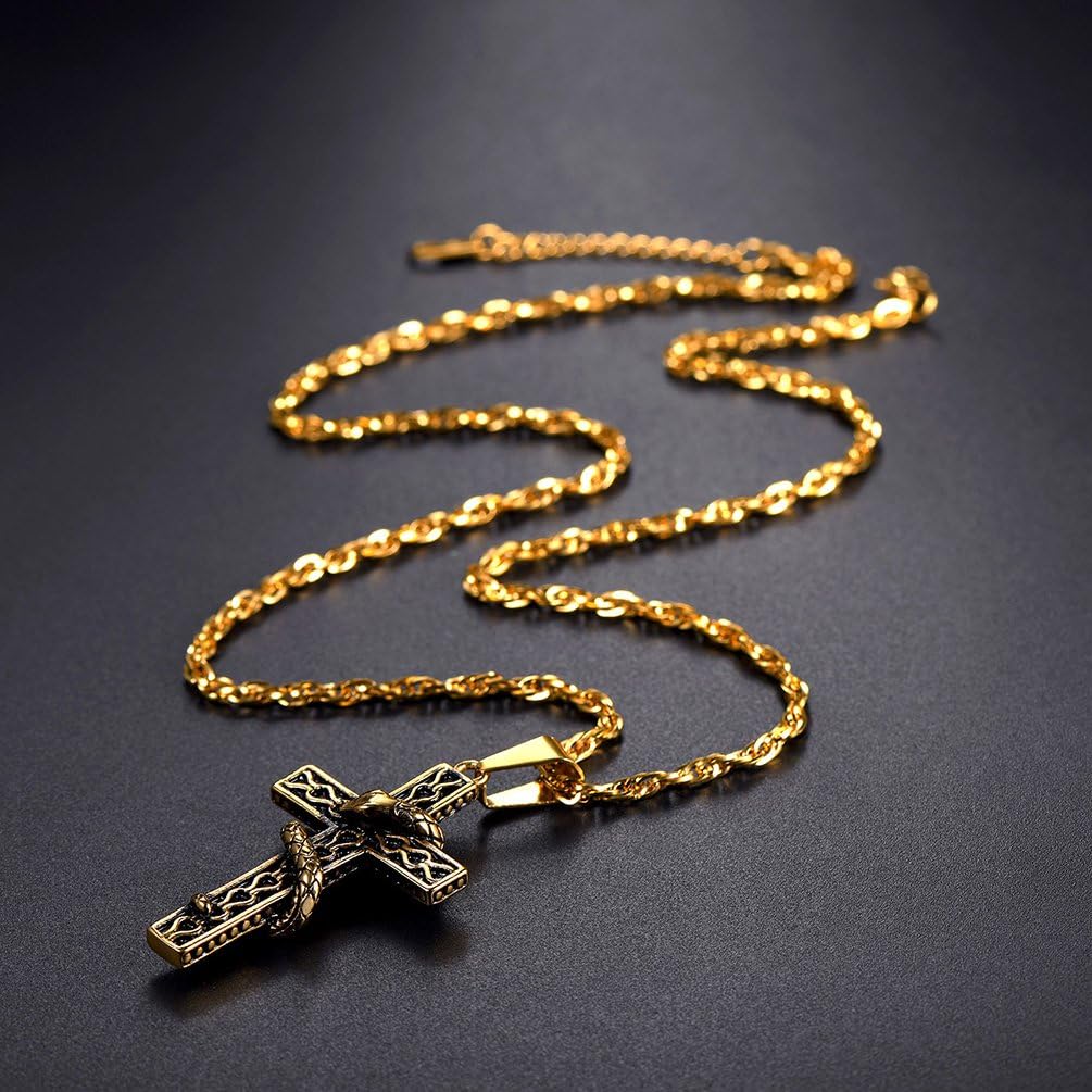 Thumbnail 1 de Collier PROSTEEL unisexe avec pendentif croix entourée de serpent en acier inoxydable 316L plaqué or 18k (ou argent 925)