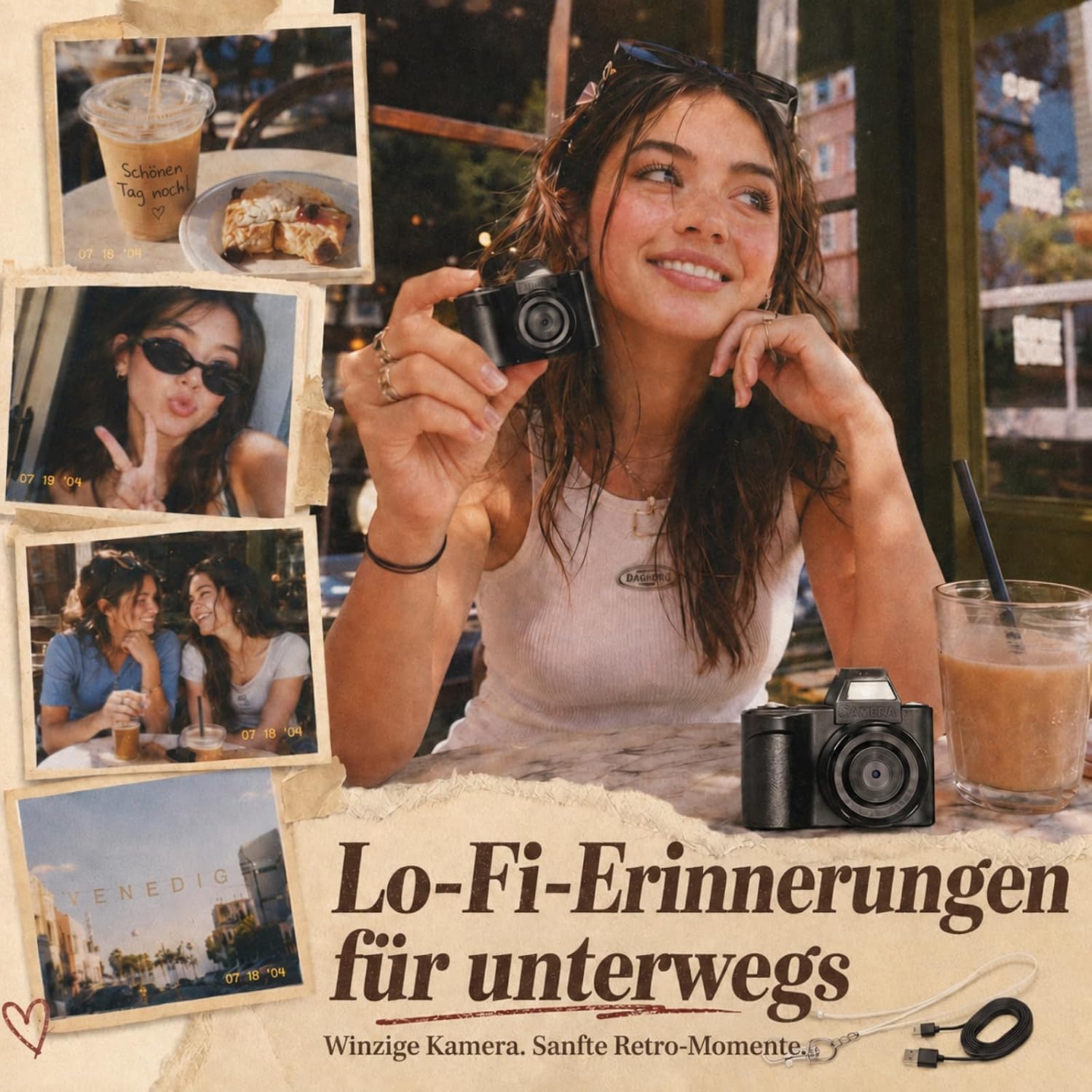 Detalle de MaxMango Mini Schlüsselanhänger Digitalkamera – Retro-Kamera mit 1,3 Zoll, 1080P und 64 GB Speicher (Schwarz)