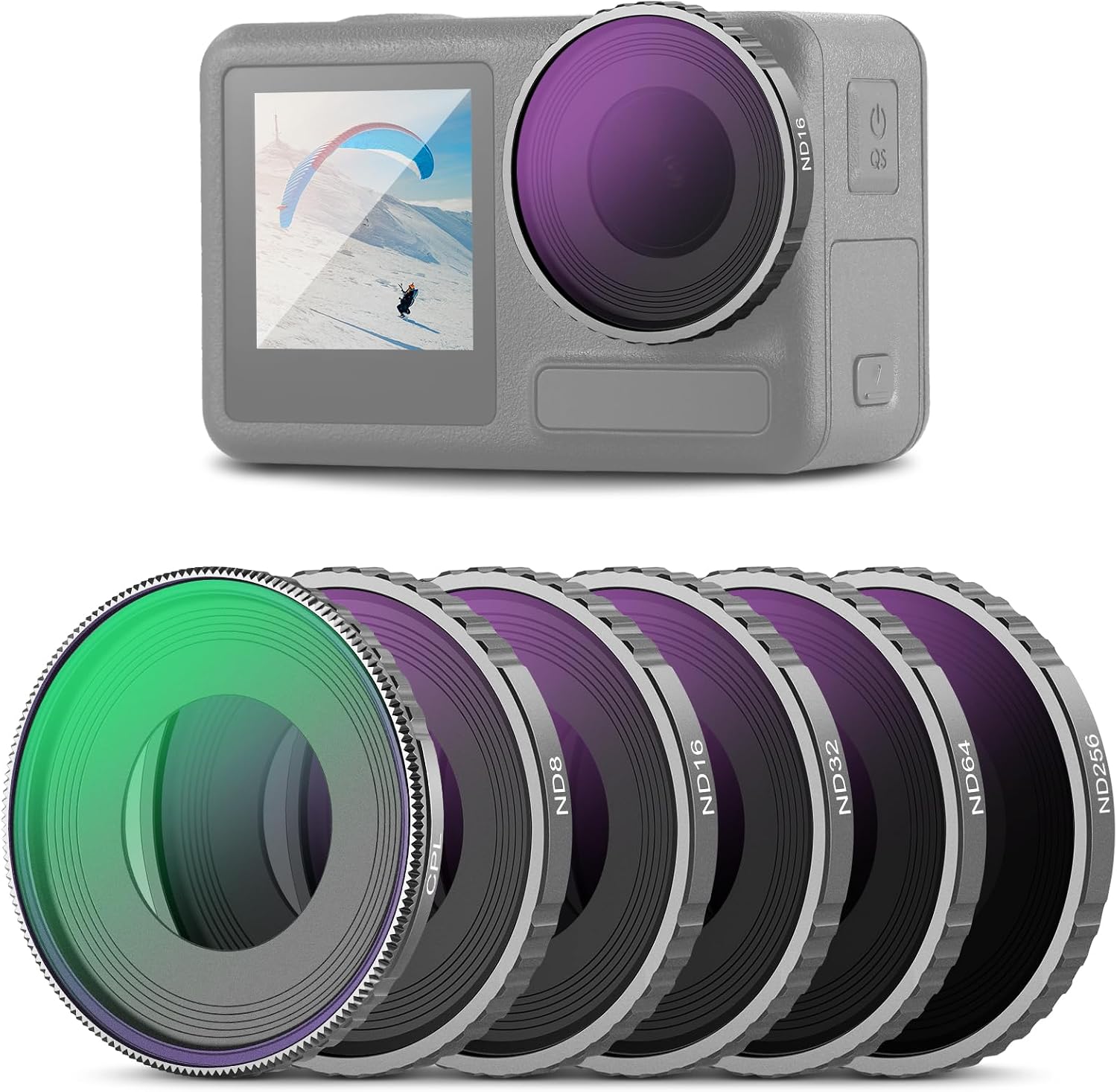 Detalle de NEEWER 6er-Set ND-Filter für DJI Osmo Action 5 Pro/Action 4 (CPL + ND8 bis ND256), FL-N70