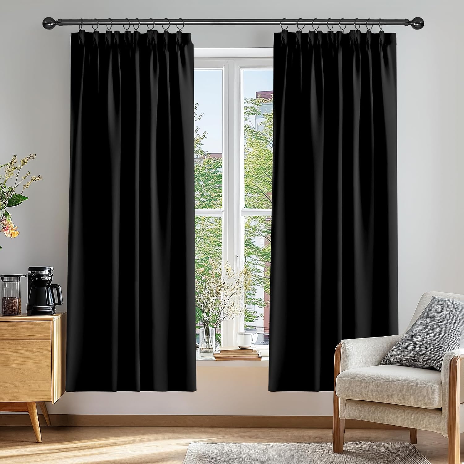 Detalle de Deconovo Pencil Pleat Blackout Curtains (Black) – Thermal Insulated Energy Saving, 66 x 84 Inch, Two Panels