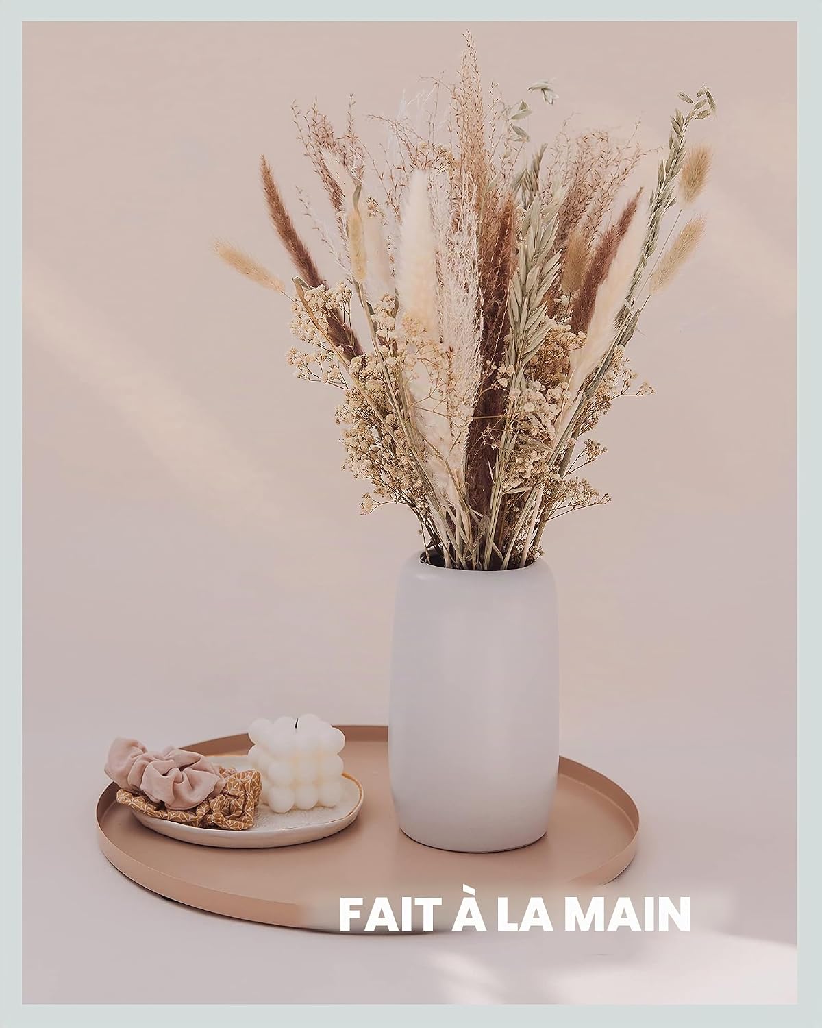Detalle de Vase Blanc en céramique pour herbe de la pampa – Vase 20 cm (Ø 8,5 cm) pour fleurs séchées