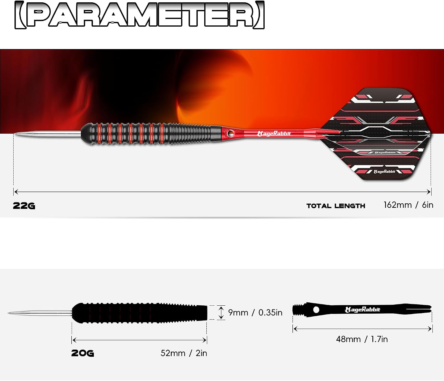 Detalle de MageRabbit Dartpfeile Set 12er Steel Darts, 22 g – Metallspitze, Aluminium-Schaft, 24 Flights + Werkzeug