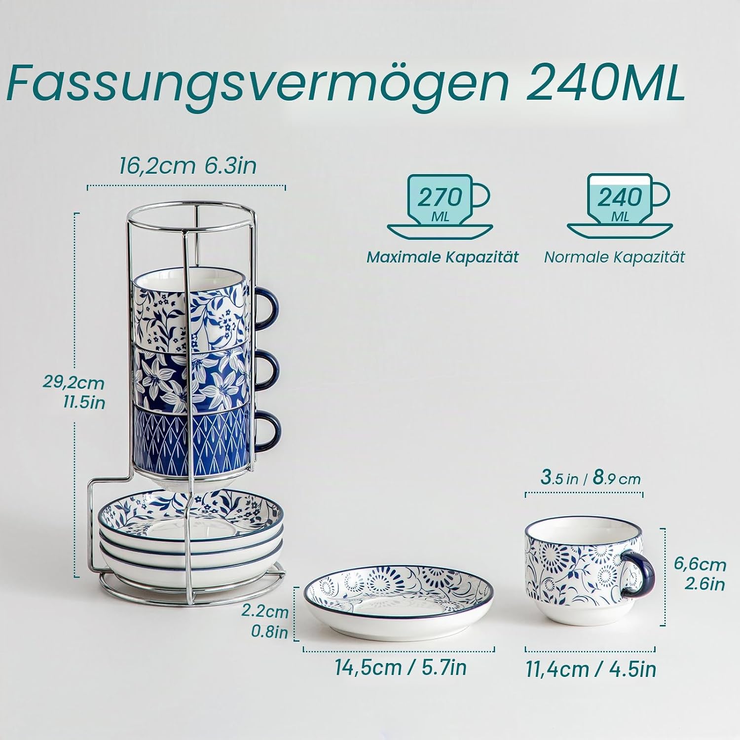 Detalle de Vancasso SELENE 4-tlg. Espressotassen Set – 270 ml, blau-weißes Blumenmuster mit Ständer und stapelbarem Design