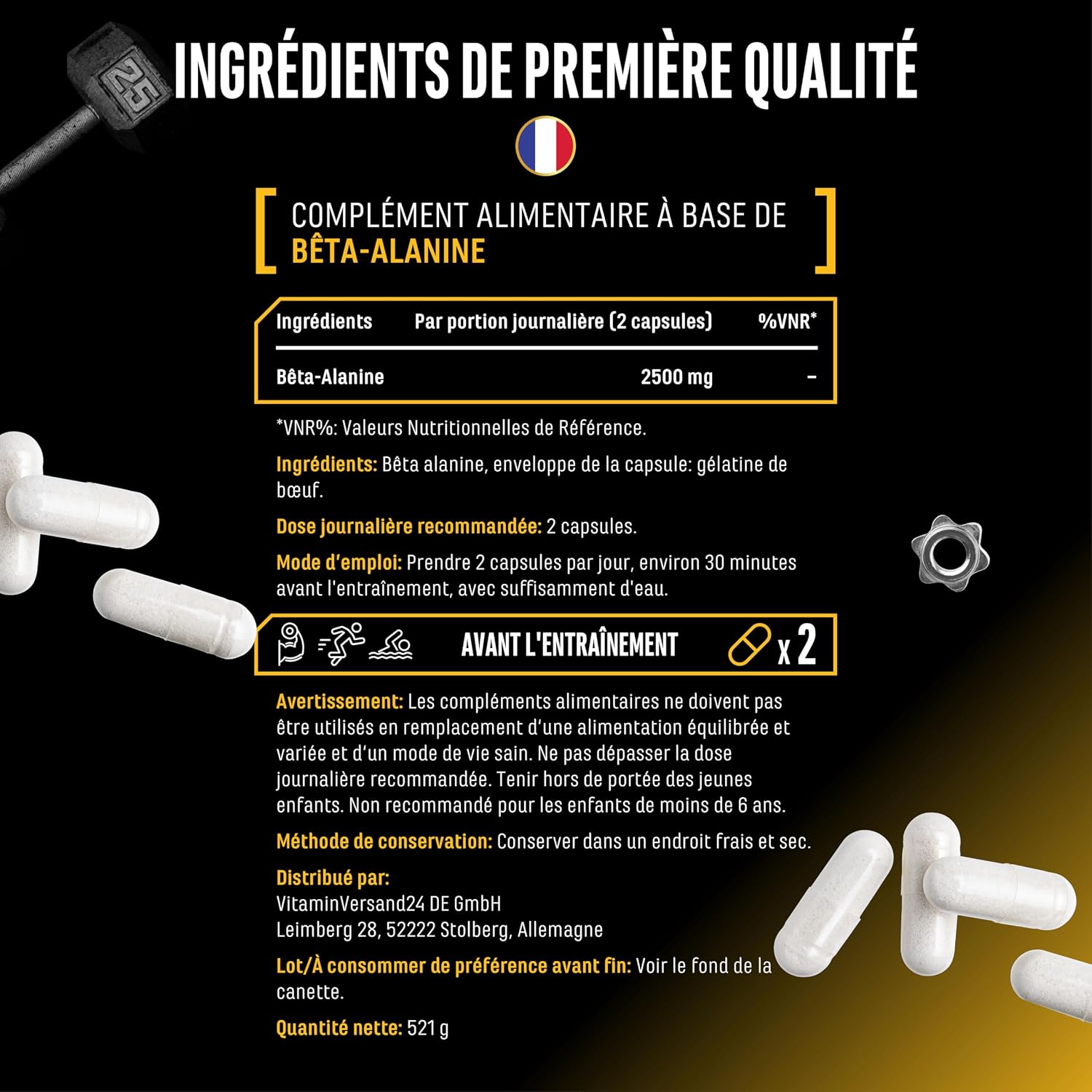 Detalle de GEN German Elite Nutrition Bêta Alanine Ultra Caps — 365 capsules dosées à 1250 mg