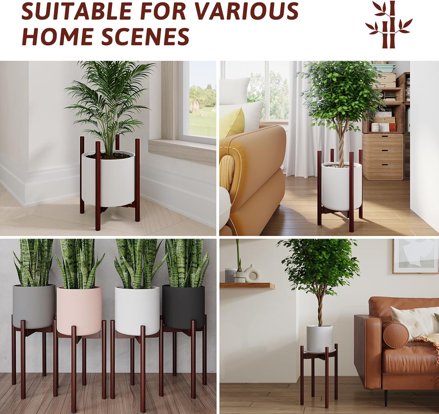 Detalle 2 de Bamworld Adjustable Plant Stand (Bamboo) for indoor planters, width 8 to 12 inches – Reddish Brown corner stand