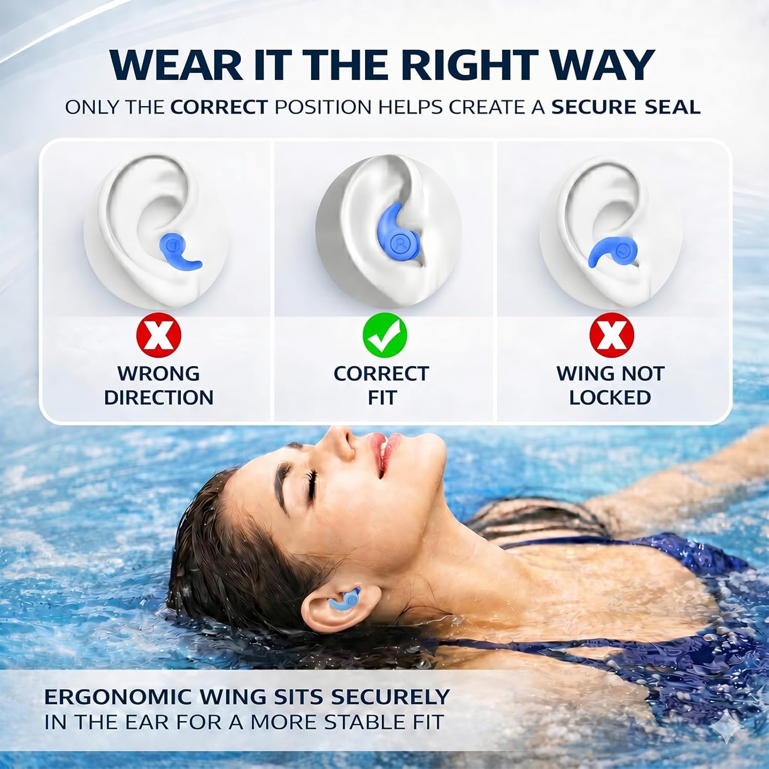 Detalle de Waterproof Swimming Ear Plugs for Adults (3 Pairs) Reusable Silicone Swimmer Earplugs for Water Sports & Showers
