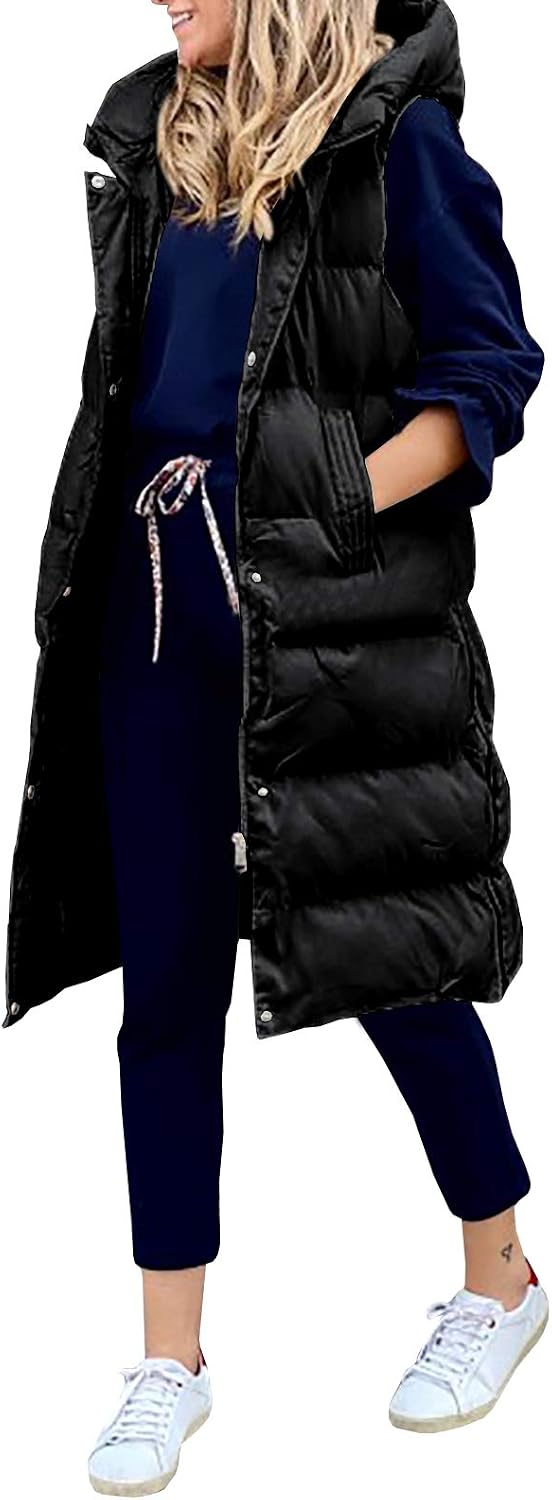 Thumbnail 1 de Inorin Women's Long Hooded Puffer Vest with Stand Collar and Zip Closure
