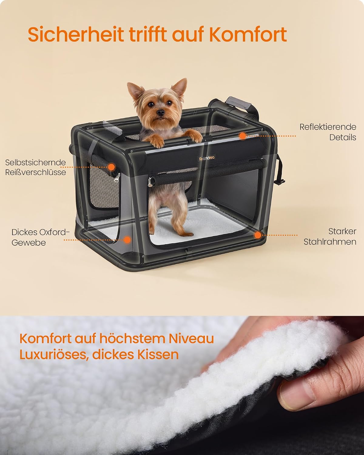 Detalle de Feandrea faltbare Hundebox 50 cm – Transportbox für kleine Hunde, inkl. Netztüren, Schlaufen & Trinkflaschenhalter