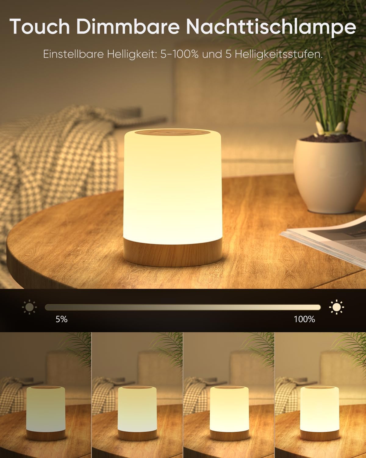 Detalle de LED Touch-Nachttischlampe, dimmbar, 256 RGB Farben & USB-Akku – mit Timing- und Memory-Funktion