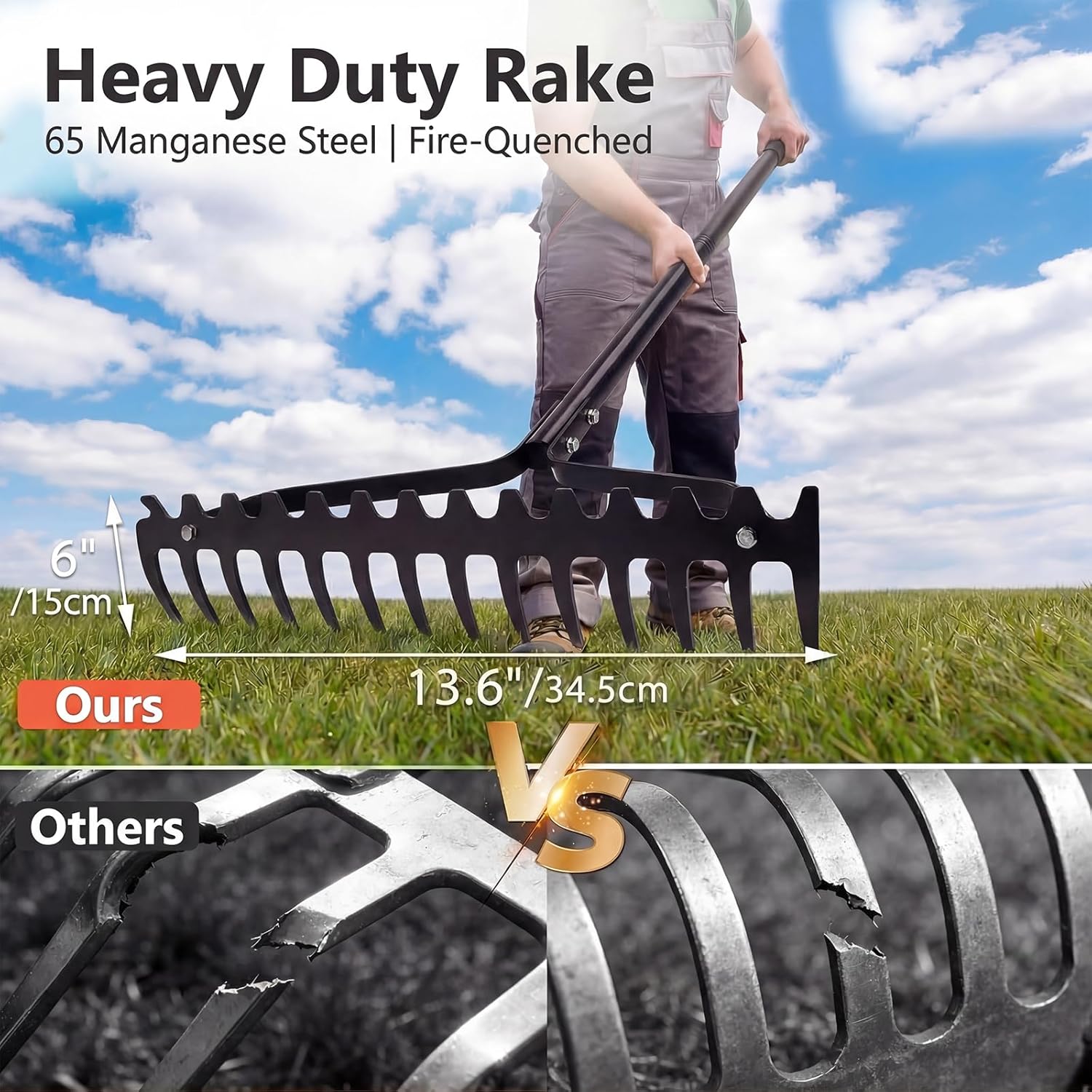 Thumbnail 4 de Fuuwuu 14 Tines Garden Rake Heavy Duty – 65Mn Steel, 145cm Telescopic Handle