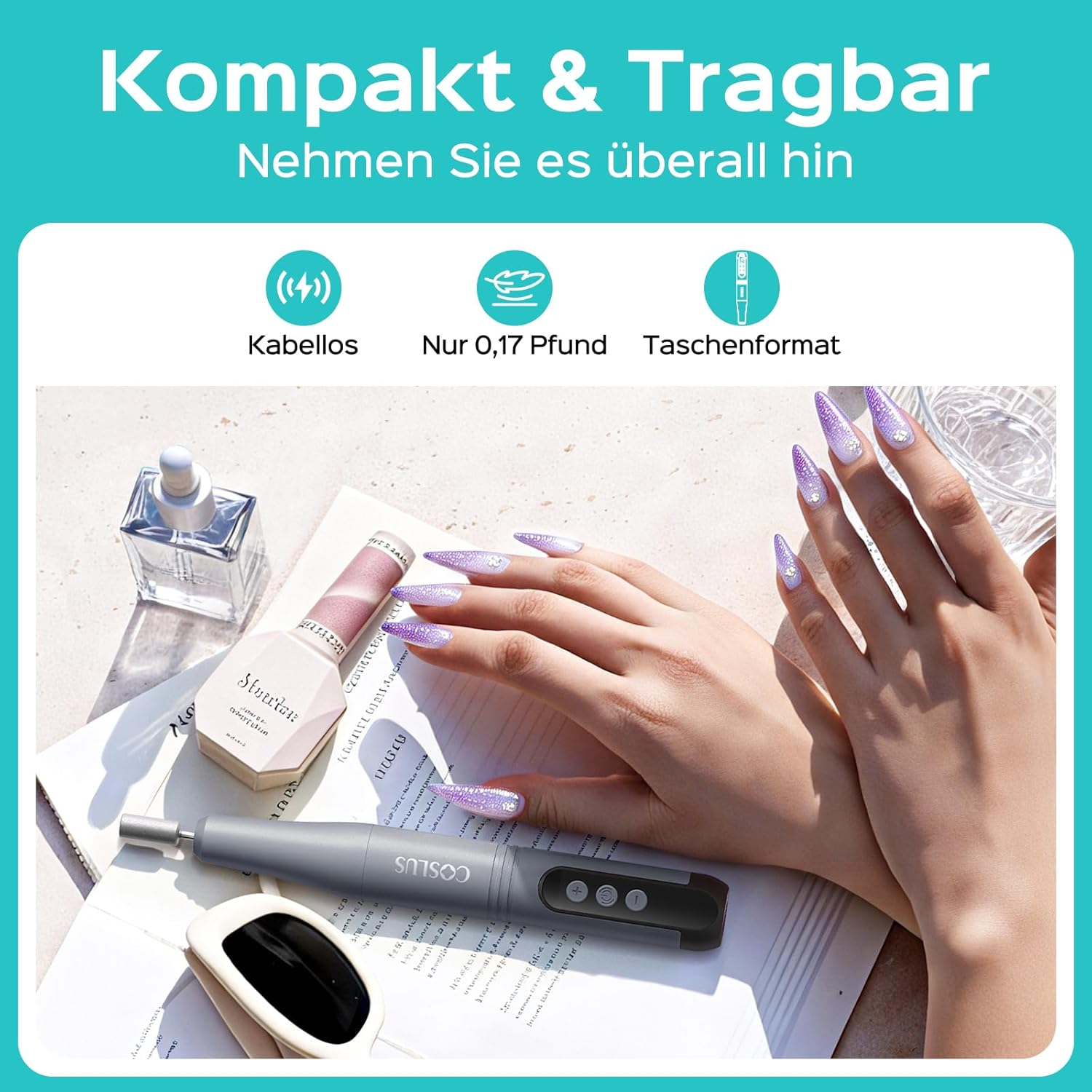 Detalle de COSLUS C50 Nagelfräser Kabellose Elektrische Nagelfeile – 12 Stufen, LED-Display, USB-C, 77 g