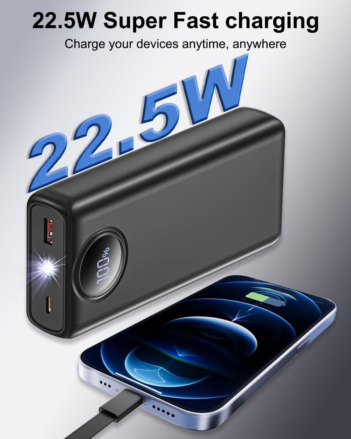Thumbnail 2 de Batterie Externe 20000mAh avec câbles intégrés et charge rapide 22,5W, power bank 22,5W avec écran LED