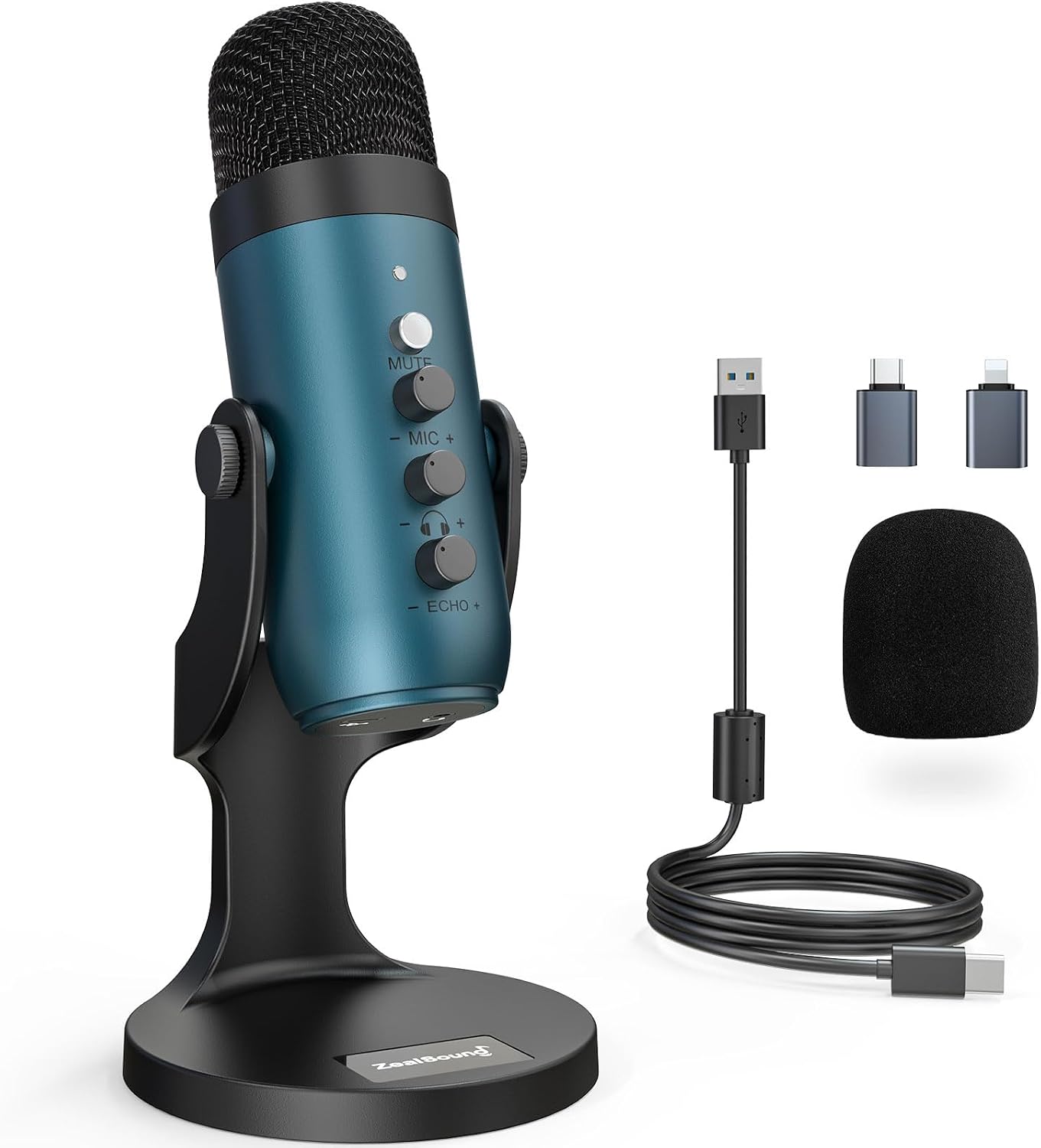 Detalle de ZealSound K66 USB Kondensator-Mikrofon – Plug & Play für PC, Laptop, Handy inkl. Rauschunterdrückung, Mute, Gain & Echo