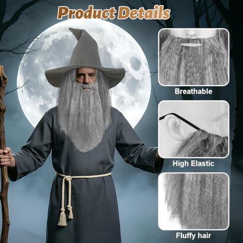 Detalle de BSBUY Long Grey Wig and Beard & Wizard Hat Costume Accessory Set