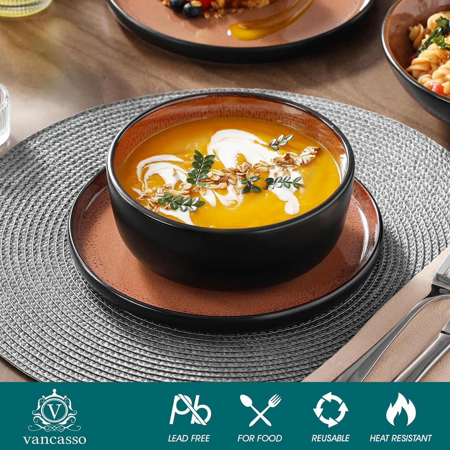 Thumbnail 4 de Vancasso AMBER 24-Piece Stoneware Dinnerware Set — Dark Brown, Microwave & Dishwasher Safe