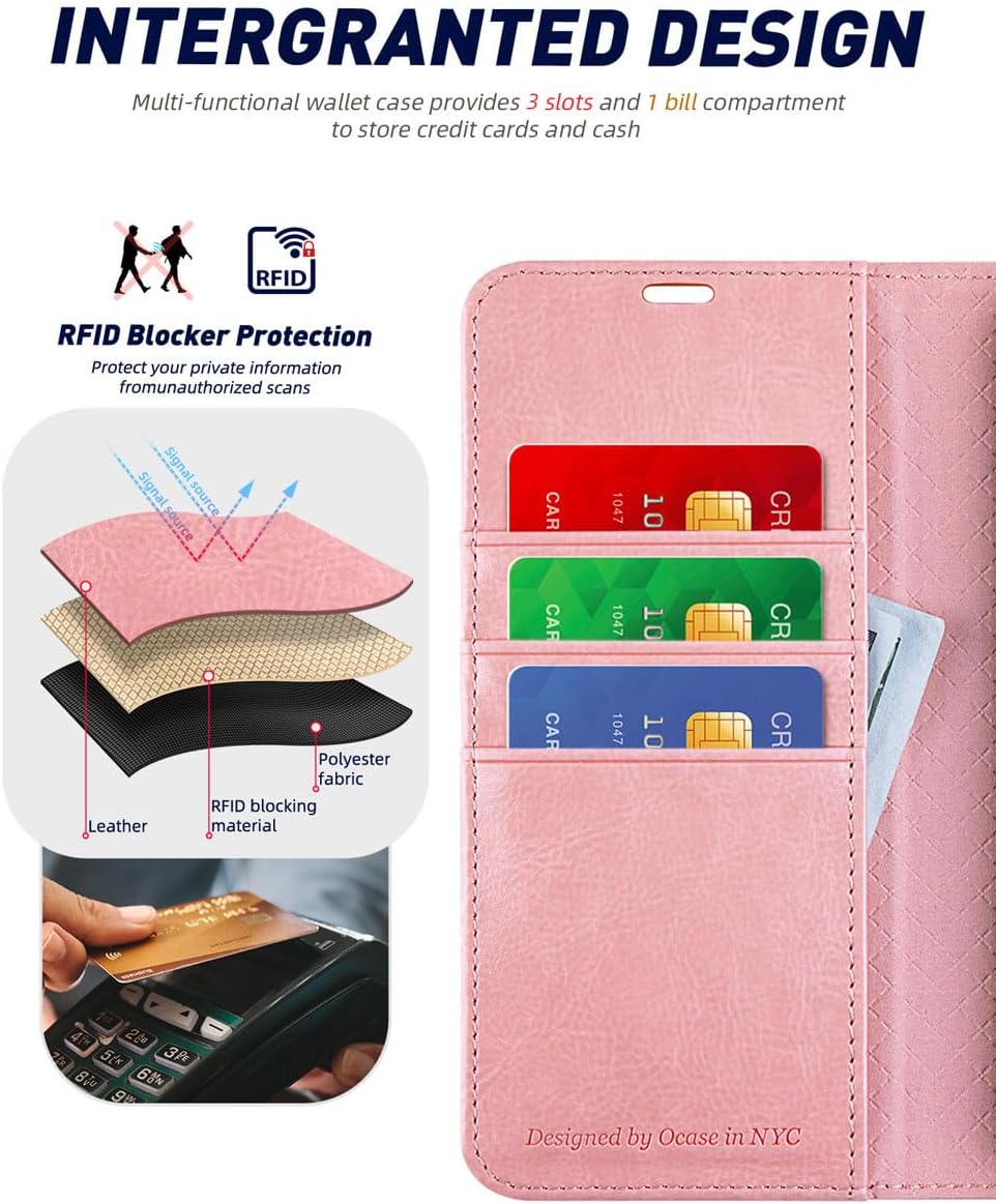 Detalle de OCASE Handyhülle für Samsung Galaxy S24 5G – Premium Leder Flip Hülle mit Kartenfächern, Magnetverschluss und Standfunktion (Pink)