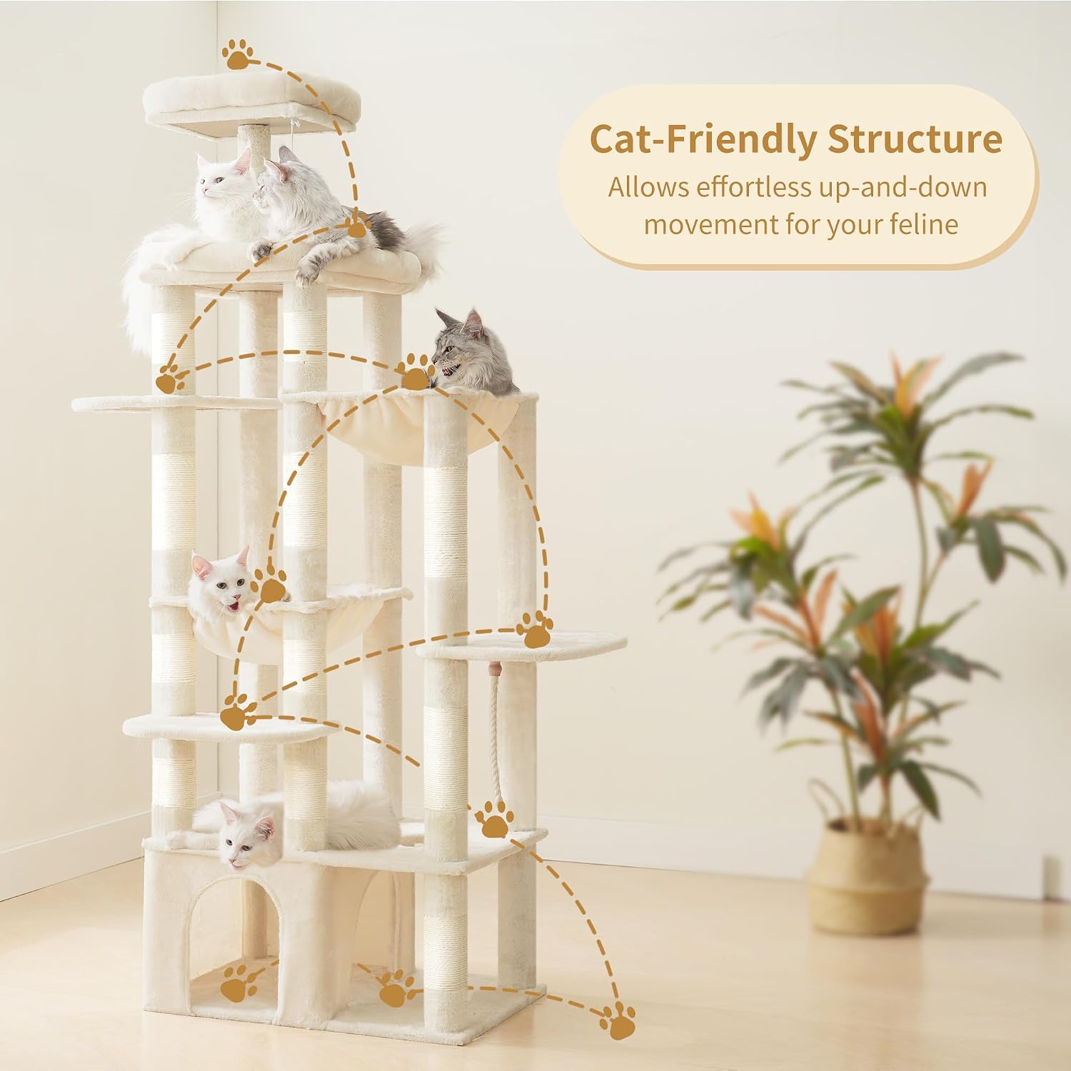 Detalle 2 de Heybly Cat Tree, 180 cm Tall Cat Tower for Large Maine Coon Cats with Extra-Large Baseboard in Beige (HCT037M)