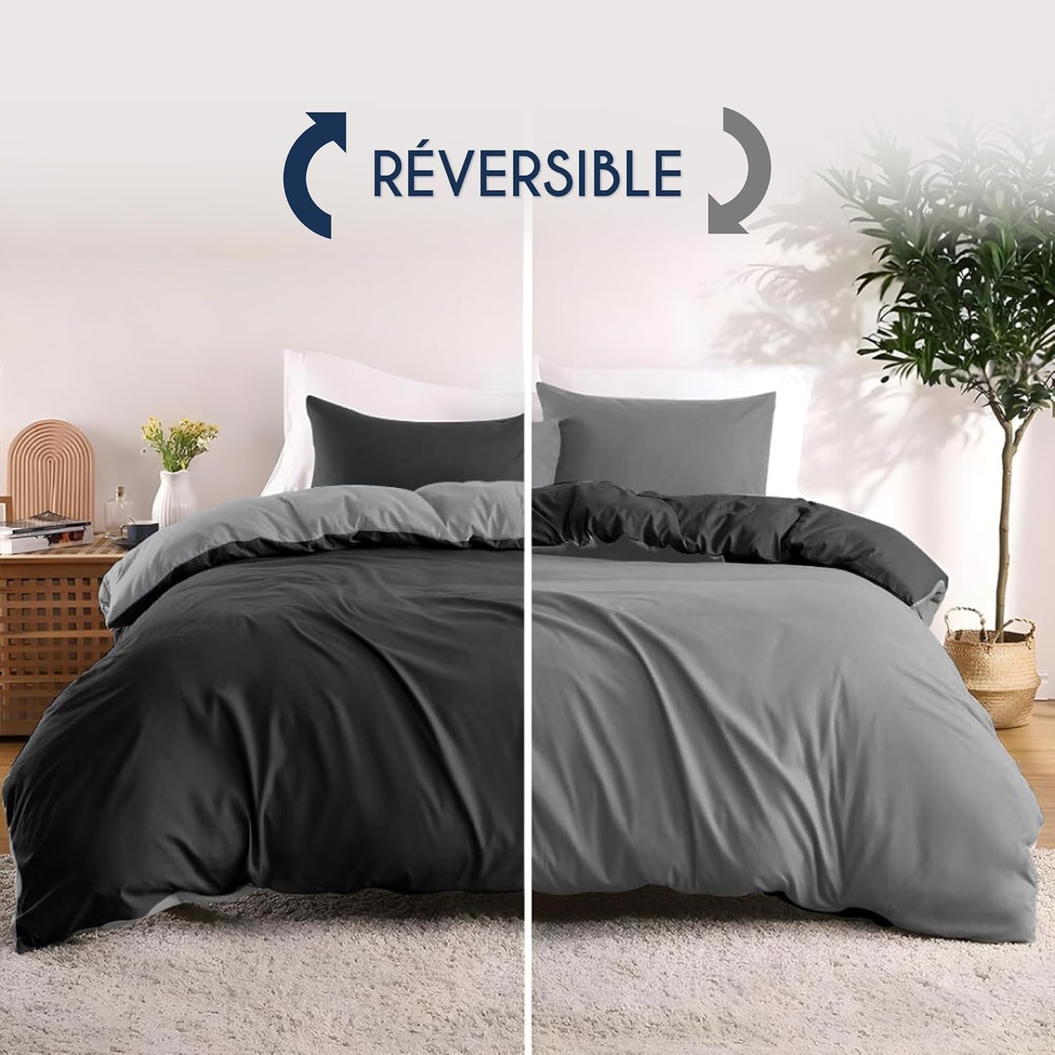 Thumbnail 3 de Dreamzie Parure de lit 200x200 en microfibre noire/gris foncé (housse de couette + 2 taies 65x65) 3 pièces