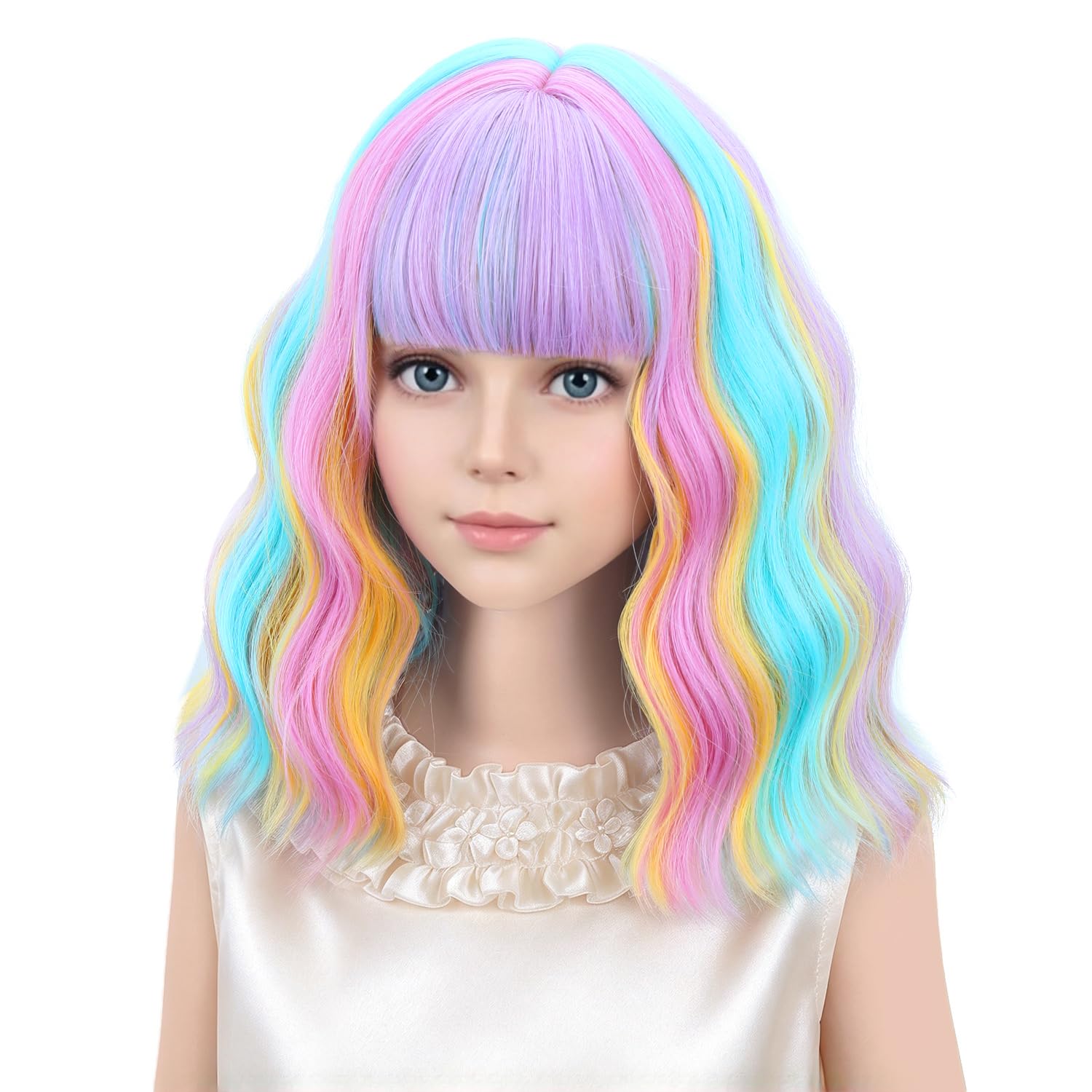 Detalle de PATTNIUM Multicolor Rainbow Wig for Kids with Bangs, Wavy Heat-Resistant Hair