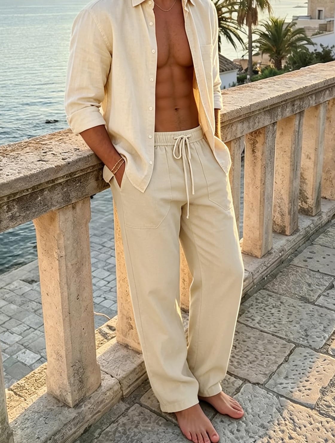 Detalle de Puimentiua Leinenhose Herren – Lang, leicht & locker sitzend (S–3XL)