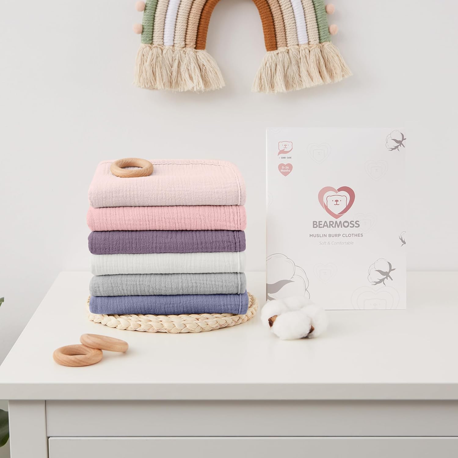 Detalle 2 de Bearmoss Moltontücher Baby – 6er Pack, 50x25 cm, 100% Baumwolle Musselin auf der Vorderseite, weicher Baumwollfrottee auf der Rückseite