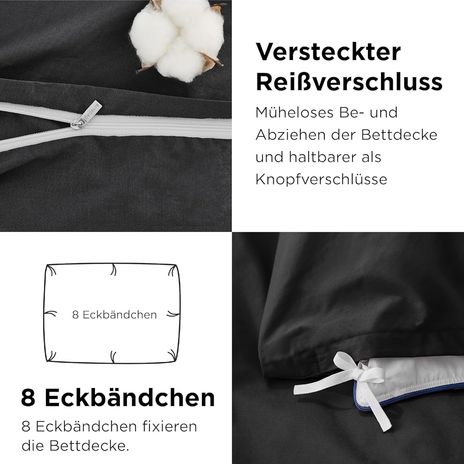 Thumbnail 4 de BEDSURE Bettwäsche 135x200 aus Baumwolle (4-teilig) – Schwarz, mit Reißverschluss