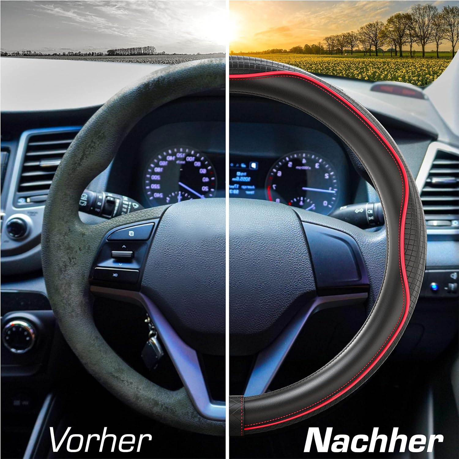 Thumbnail 5 de Upgrade4cars Lenkradbezug Rot Schwarz Leder-Optik