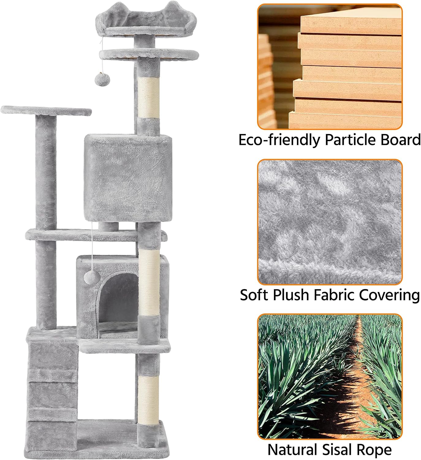 Detalle de Yaheetech Large Cat Tree (178cm) with 2 Condos, Perched Platform and Scratching Posts – Light Grey