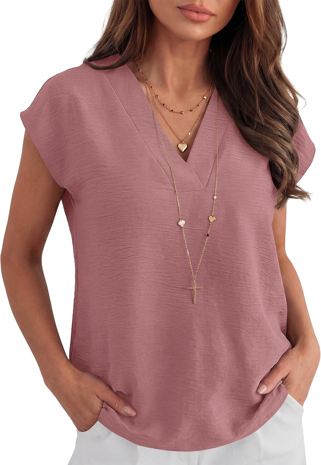 Thumbnail 1 de ANRABESS Women’s Cap Sleeve V-Neck Dressy Casual Tops (Loose Fit, 100% Polyester)