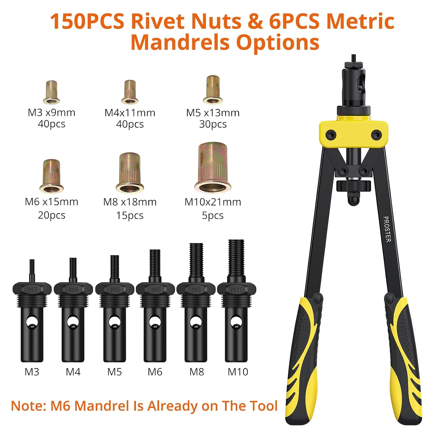 Detalle 2 de Proster 14-inch Rivet Nut Gun Kit, M3–M10, with 150 Rivet Nuts