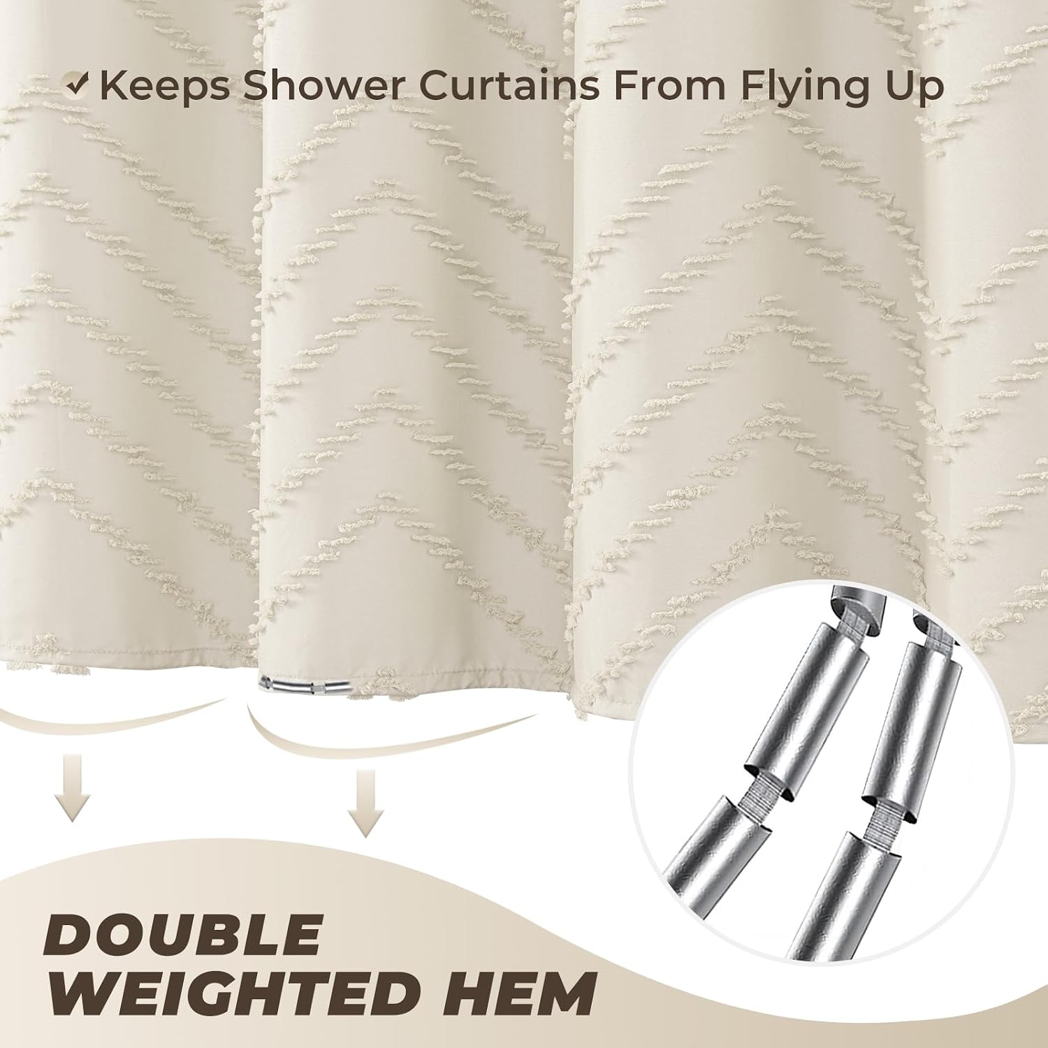 Detalle 2 de TURKIO Cream7272 Fabric Shower Curtain, 72 x 72 Inches, Tufted Chevron
