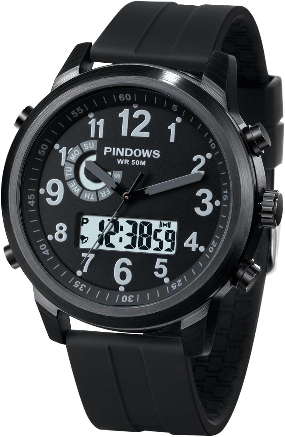 Detalle de PINDOWS Herrenuhren – Multifunktionale Lederarmbanduhr mit Dualzeit, 30 m wasserdicht