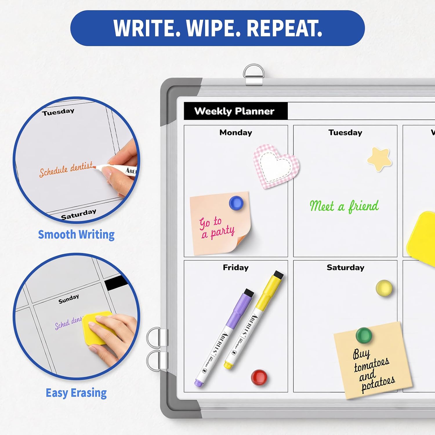 Detalle de ABERLLS Weekly Calendar Whiteboard, Double-Sided 16" x 12" Magnetic Dry-Erase Board