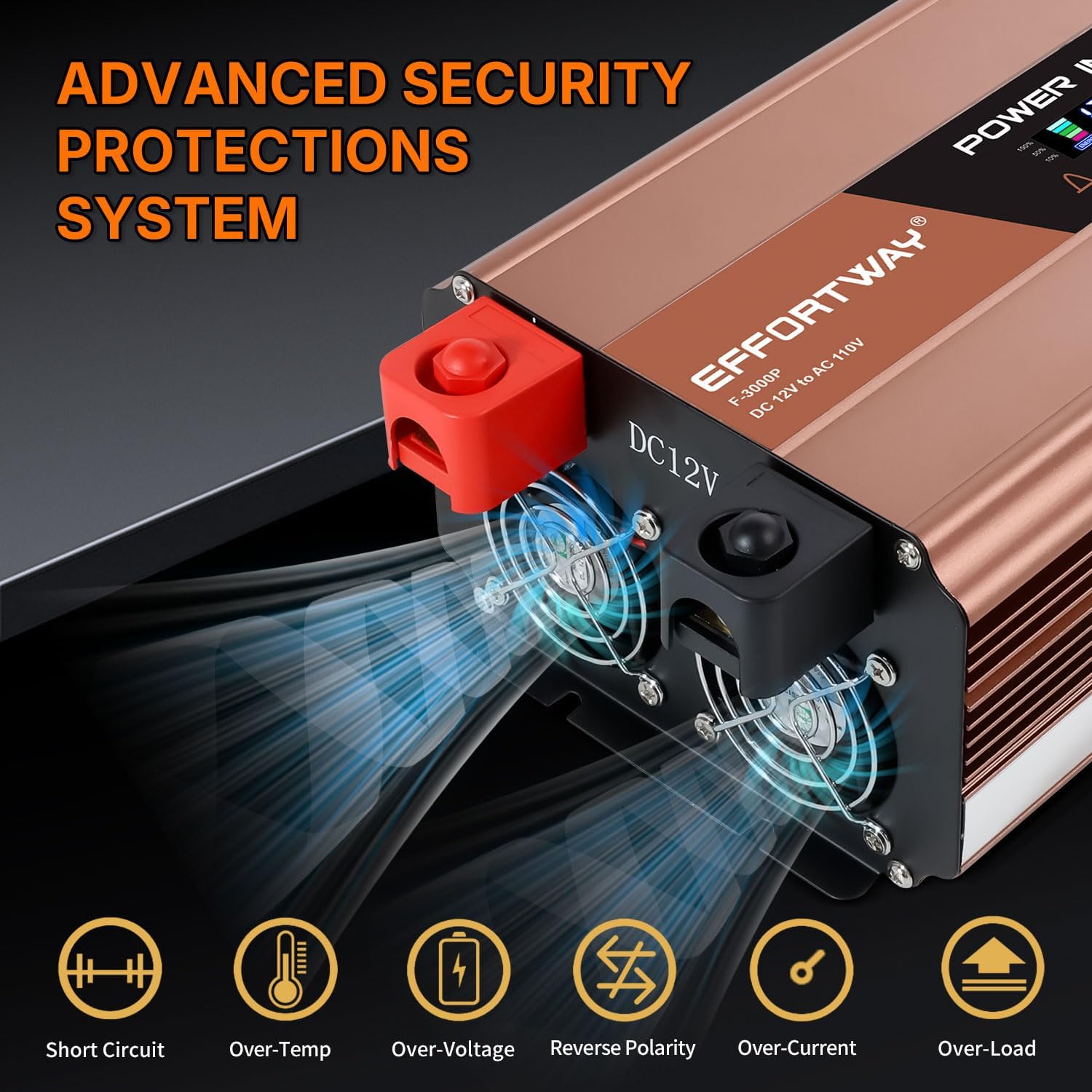 Detalle 2 de EFFORTWAY F-3000P 3000W Pure Sine Wave Inverter, 12V DC to 110–120V AC