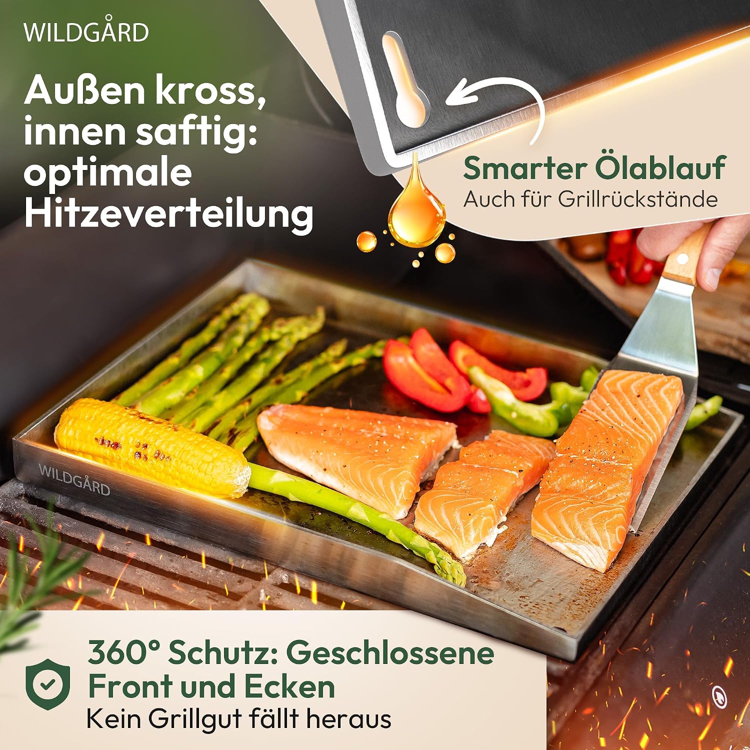 Detalle de WILDGÅRD Grillplatte Plancha 40 x 30 cm aus rostfreiem Edelstahl – inkl. 2 Grillspachtel & 5 Spieße