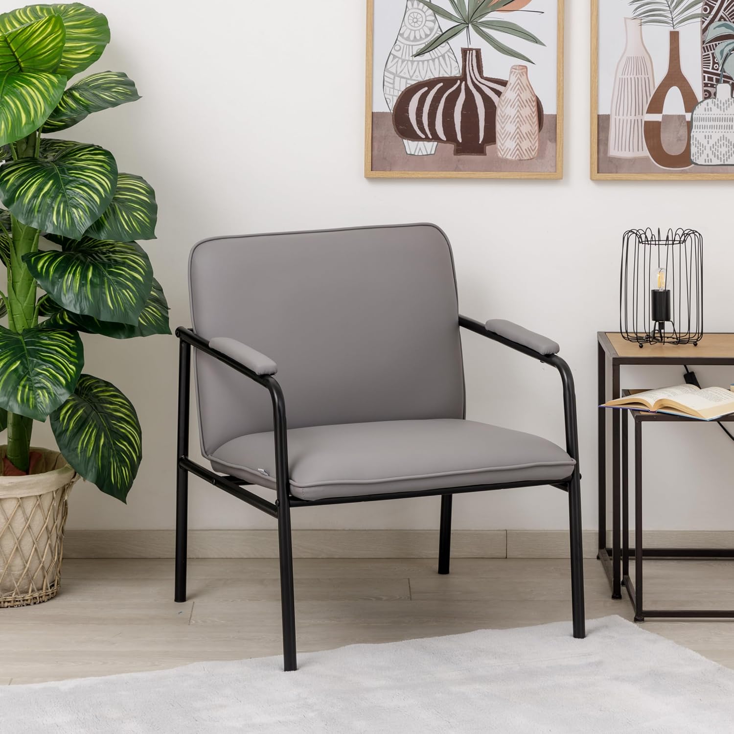Thumbnail 6 de Baroni Home Poltrona in ecopelle con struttura in ferro design vintage grigia, seduta relax per salotto e ufficio (78x59x64 cm)