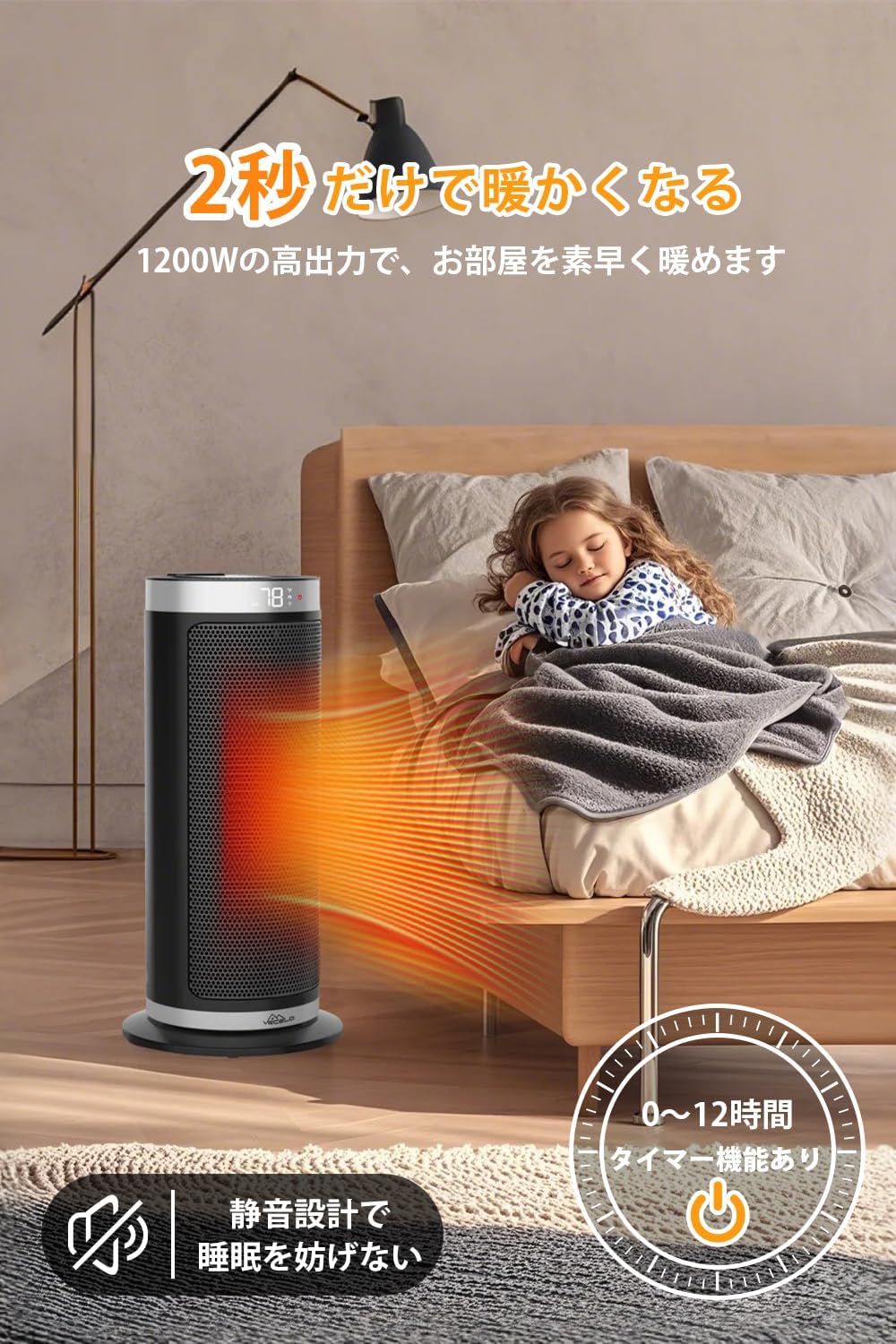 Detalle de VECELO セラミックファンヒーター 900W/1200W・145°首振り・リモコン付き