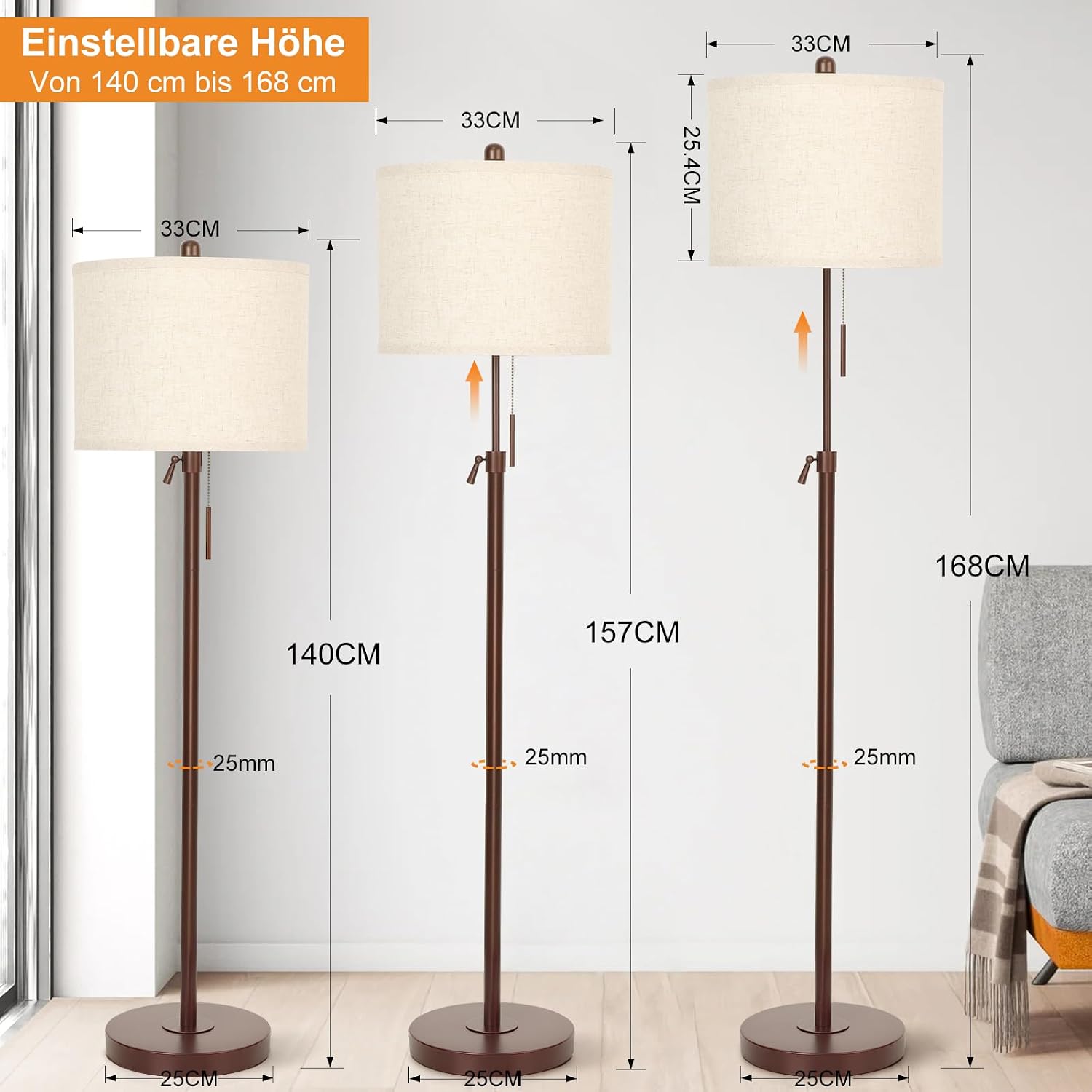 Detalle 2 de Qingmiao Stehlampe mit Leinen-Lampenschirm (E27), 9W-Birne mit 3 Farbtemperaturen, höhenverstellbar 140–168 cm