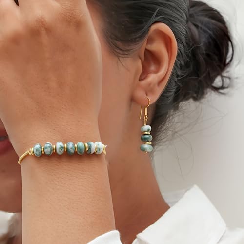 Thumbnail 3 de Gempires Natural Gemstone Rondelle Bead Earrings – 8mm Drop, Gold Plated, Hypoallergenic, Green Jade