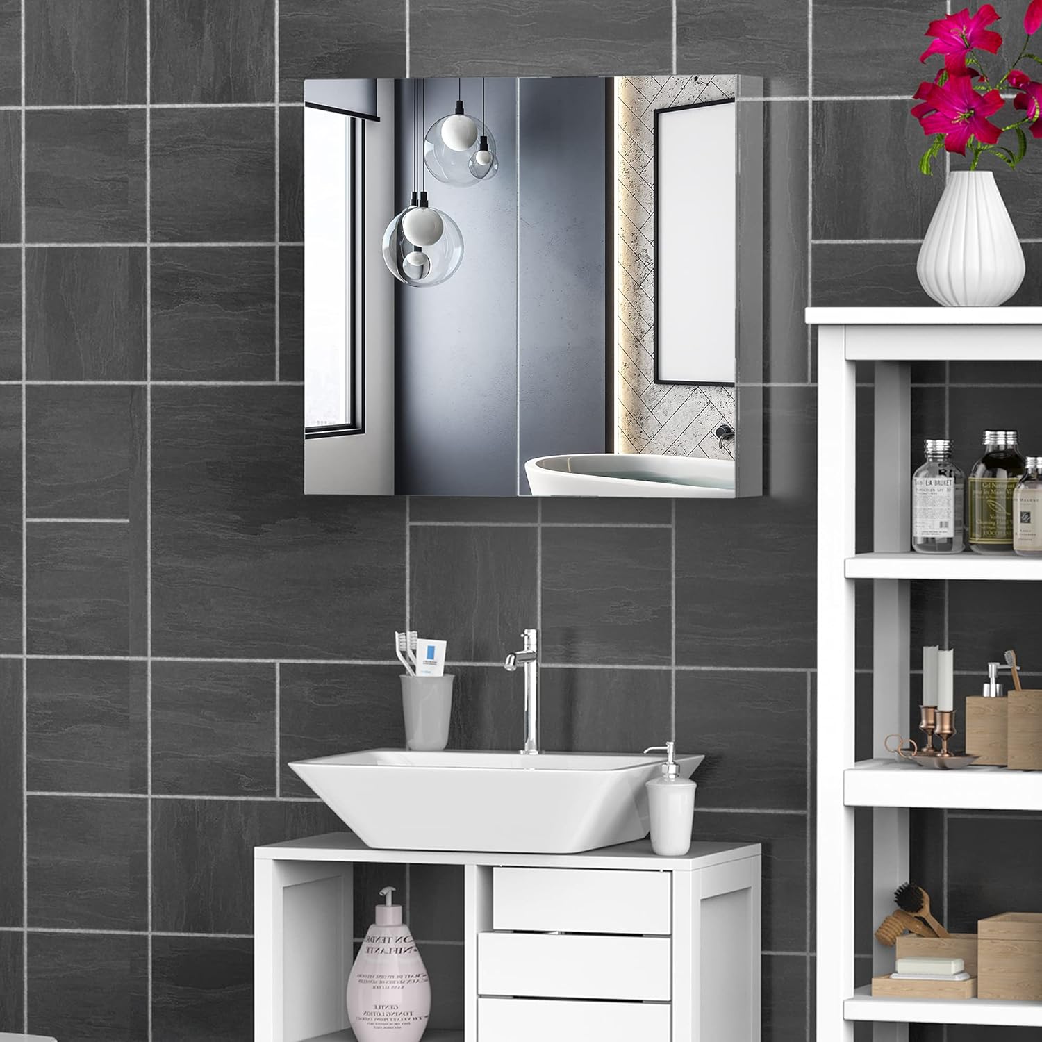 Thumbnail 6 de HOMCOM Armoire miroir en acier inoxydable 2 portes avec rangements pour salle de bain (60 x 12 x 55 cm)