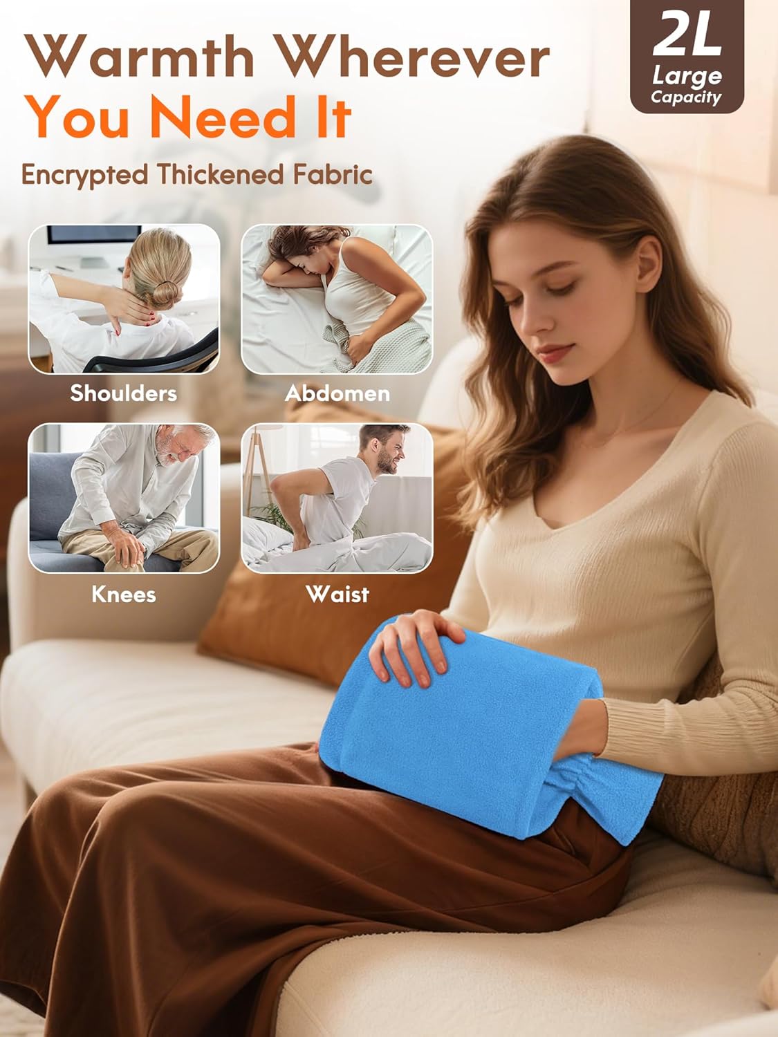 Thumbnail 3 de MUPAS Wärmflasche mit Vliesbezug, 2 Liter – Hot Water Bag mit Känguru-Tasche (Hellblau)